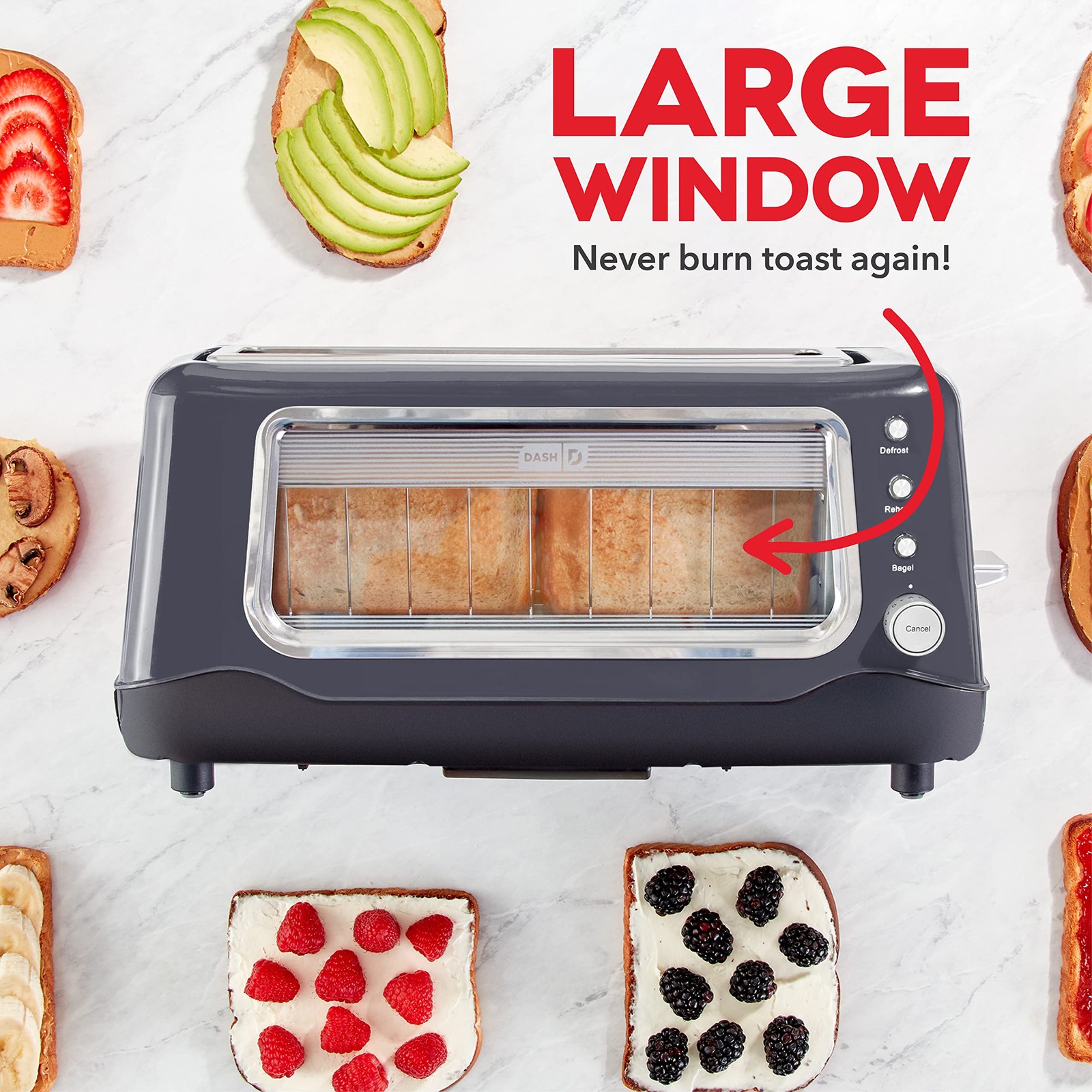 DASH Clear View Toaster: Extra Wide Slot Toaster with See 2 Slice, Gray