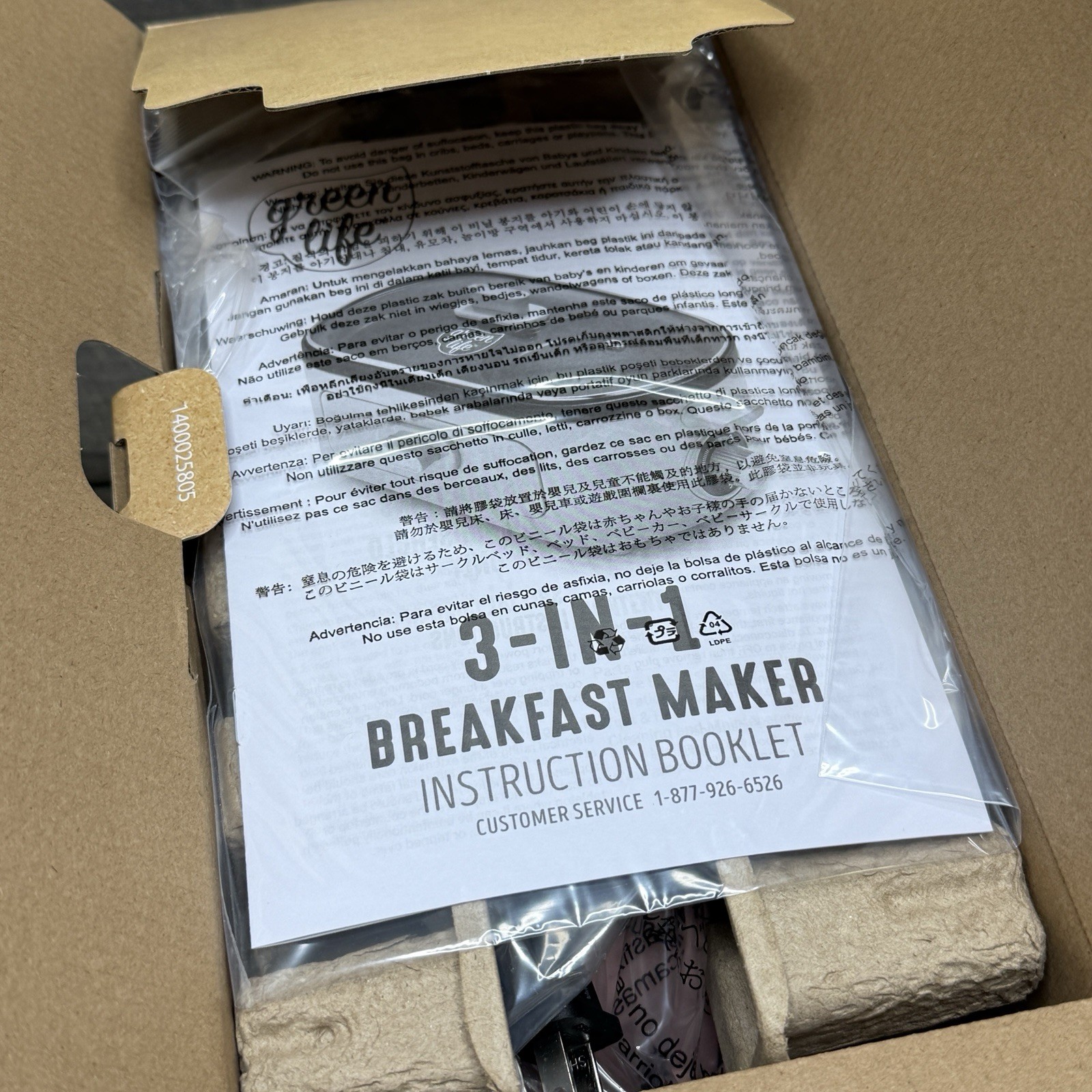 GreenLife 3-in-1 Breakfast Maker Station Nonstick Griddle Top Bread Drawer Pink