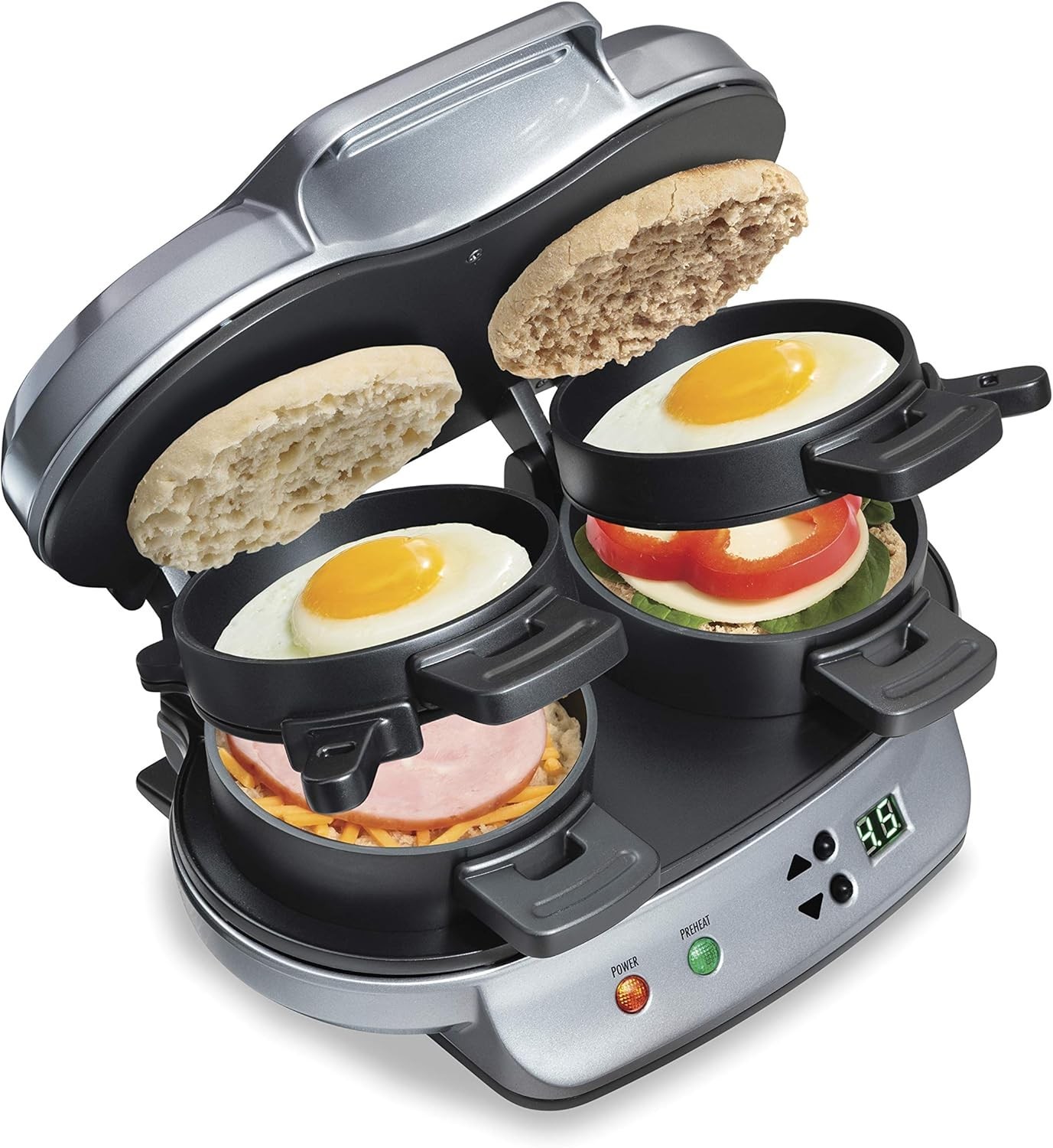 HAMILTON BEACH Dual Breakfast Sandwich Maker w/ Timer, Model # 25490A TESTED