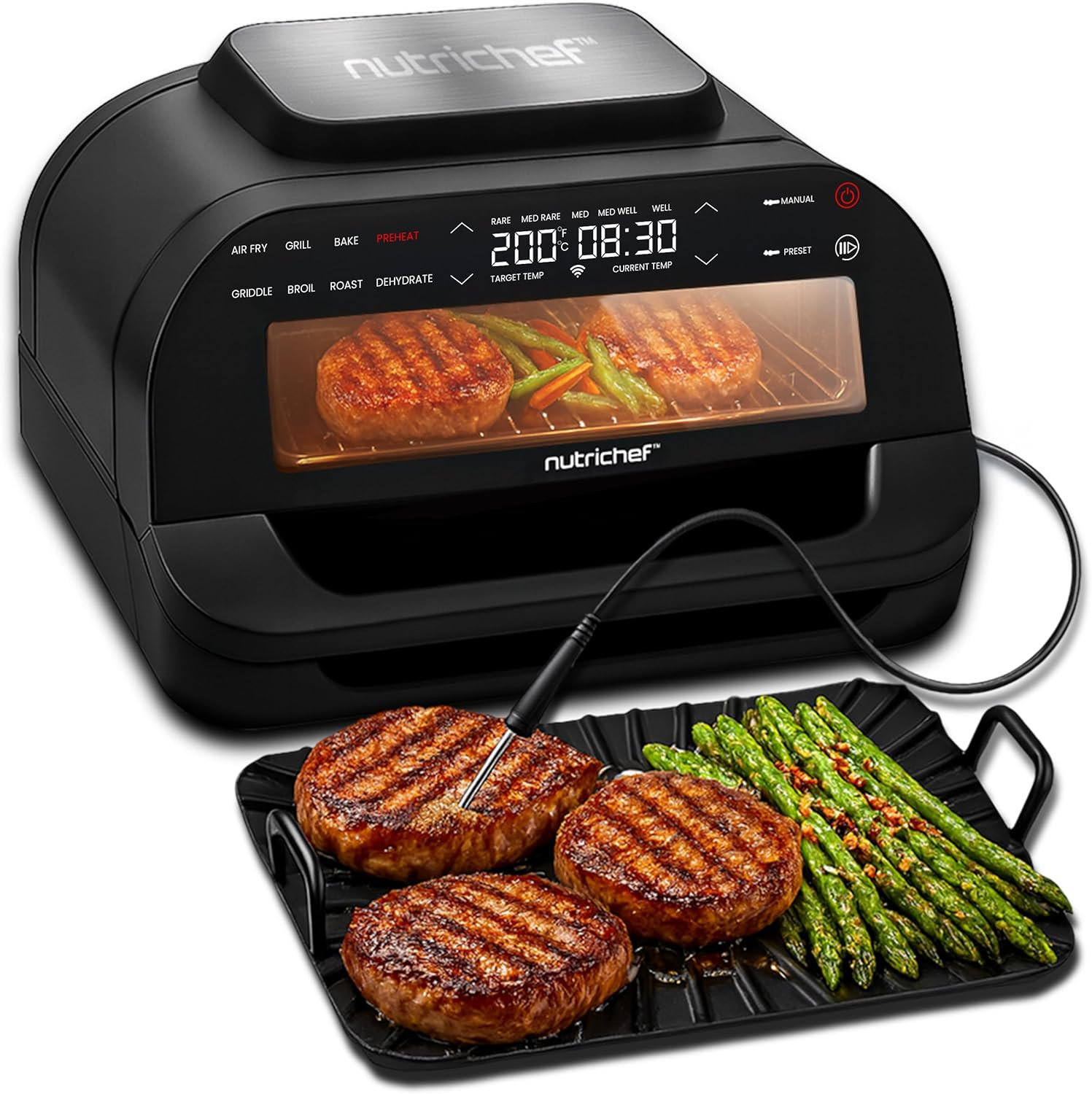 Nutrichef Indoor Smokeless Grill | Smart Grill & Air Fryer with 7 Cooking Functi