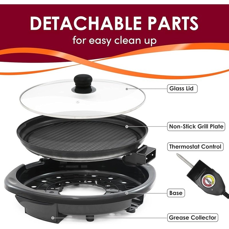 Indoor Electric Grill Nonstick 1300W Adjustable Temp Dishwasher Safe Cooking New