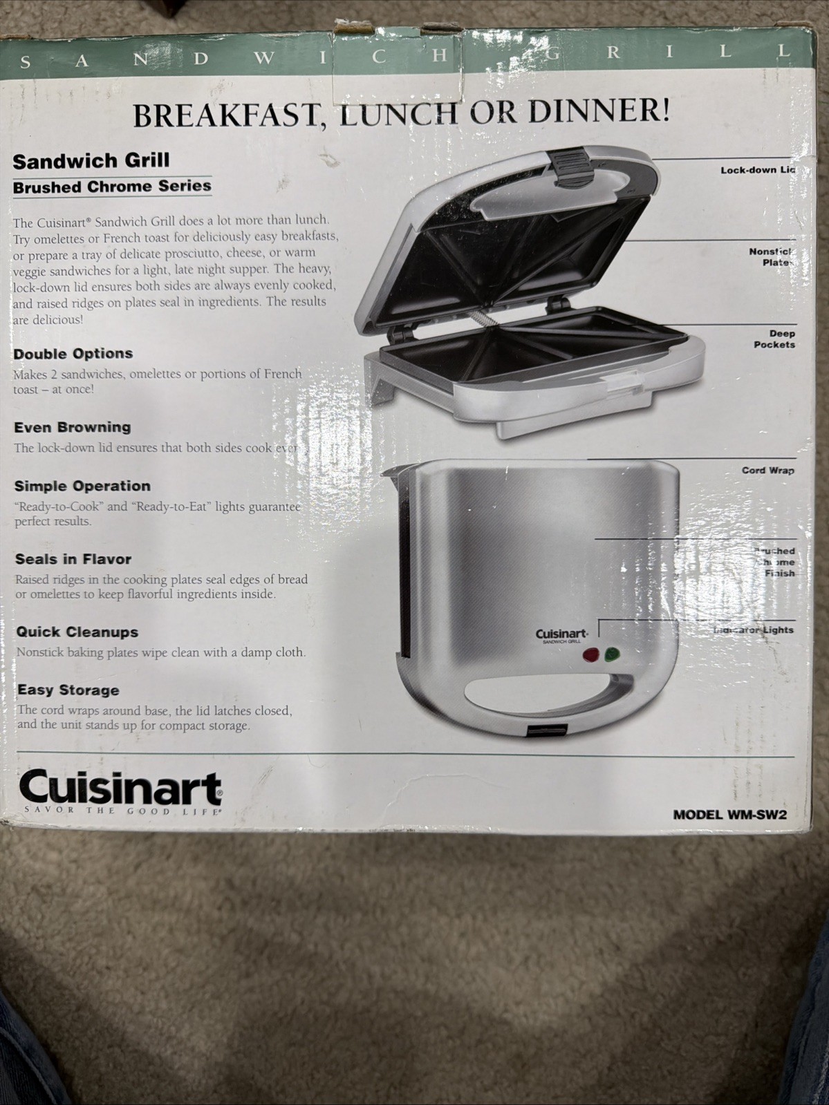 CUISINART Non Stick Sandwich Maker Grill Toaster Silver WM-SW2 Brushed Chrome