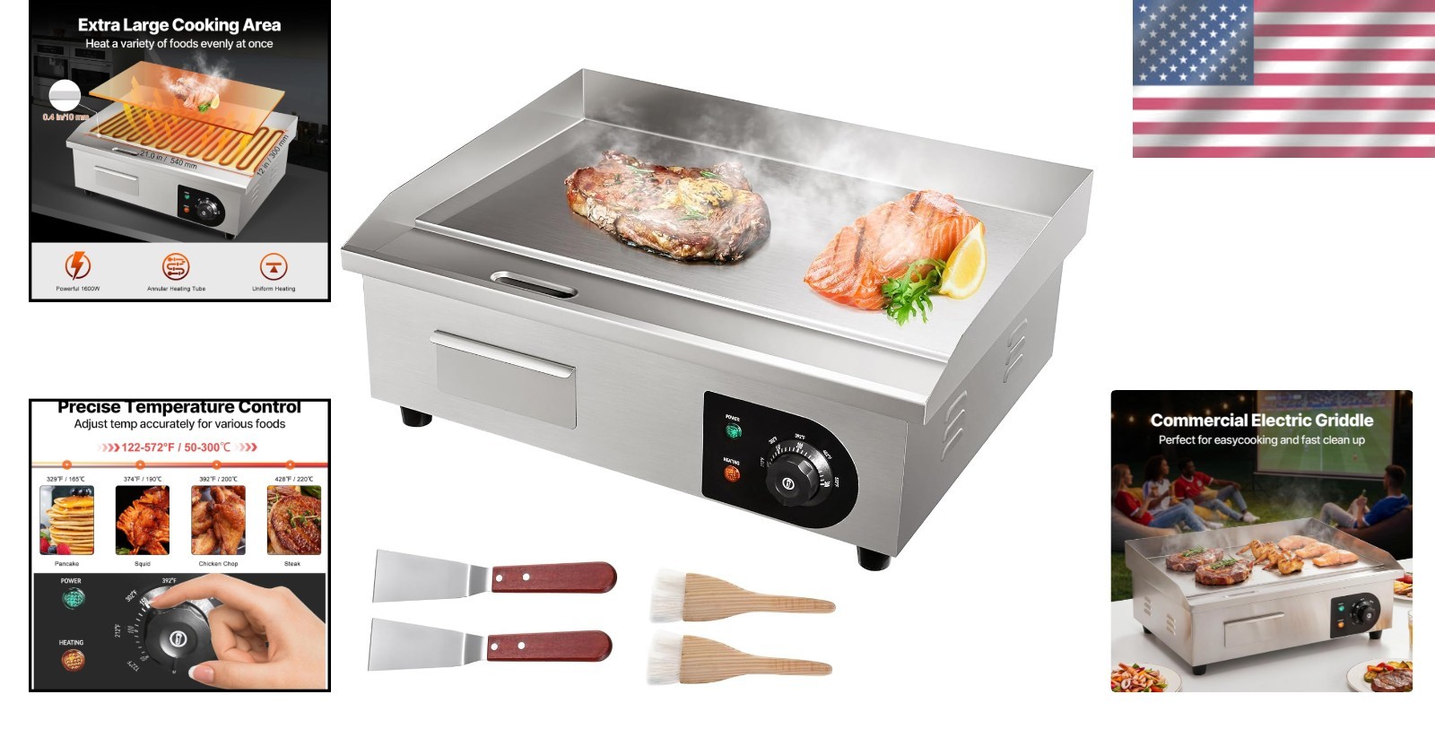 22″ Commercial Electric Griddle, 1600W Stainless Steel Grill