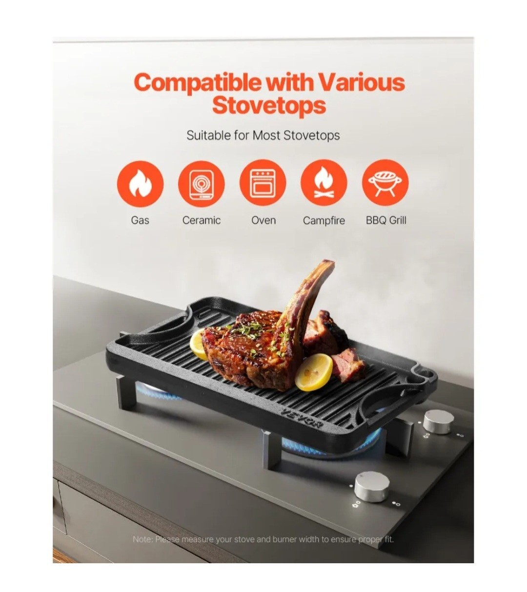 VEVOR Reversible Grill/Griddle, 14×8.5 inch Pre-Seasoned Cast Iron Griddle, Port