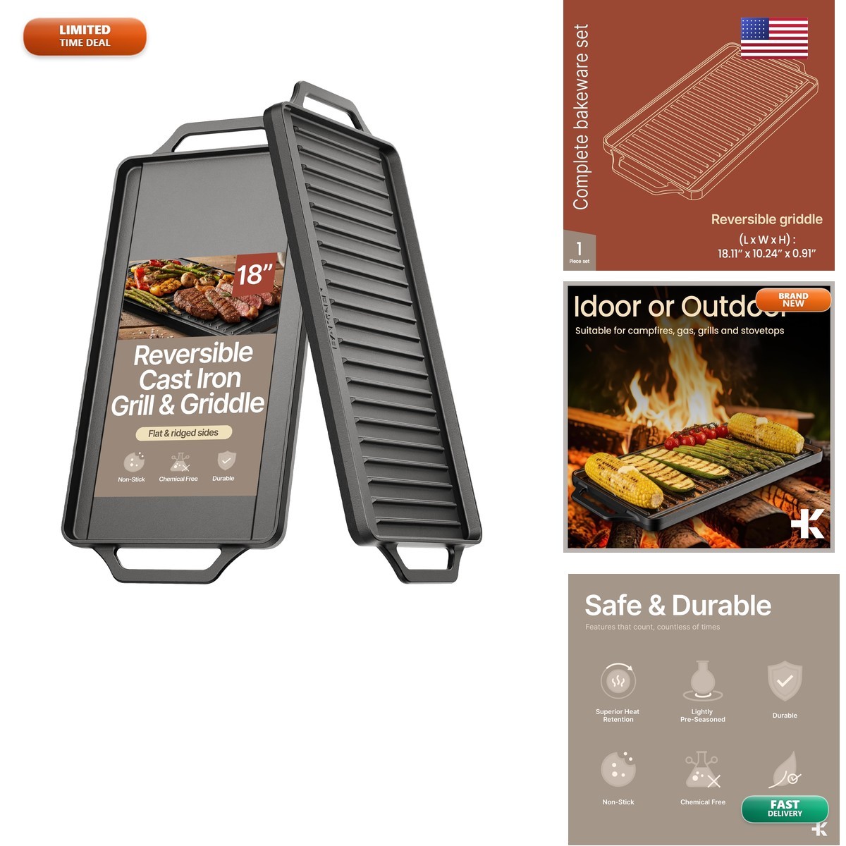 Bakken 18″ Cast Iron Reversible Griddle Flat & Grill Dual Burner Pre-Seasoned