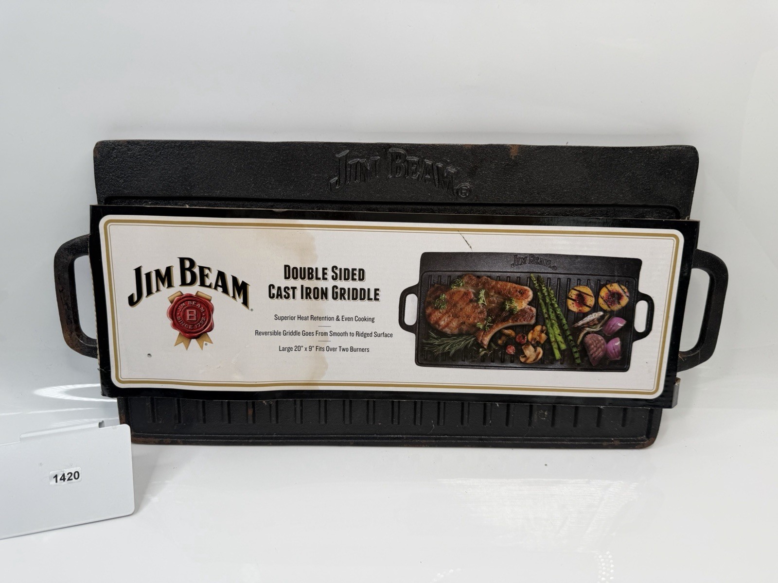 Jim Beam Double Sided Cast Iron Griddle 20″x9″ Reversible Grill Pan Two Burner