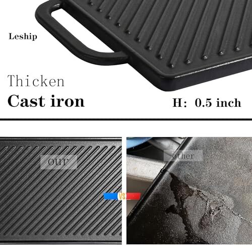 Cast Iron Reversible Grill Griddle, Double Sided for Gas Grills and Stove Tops