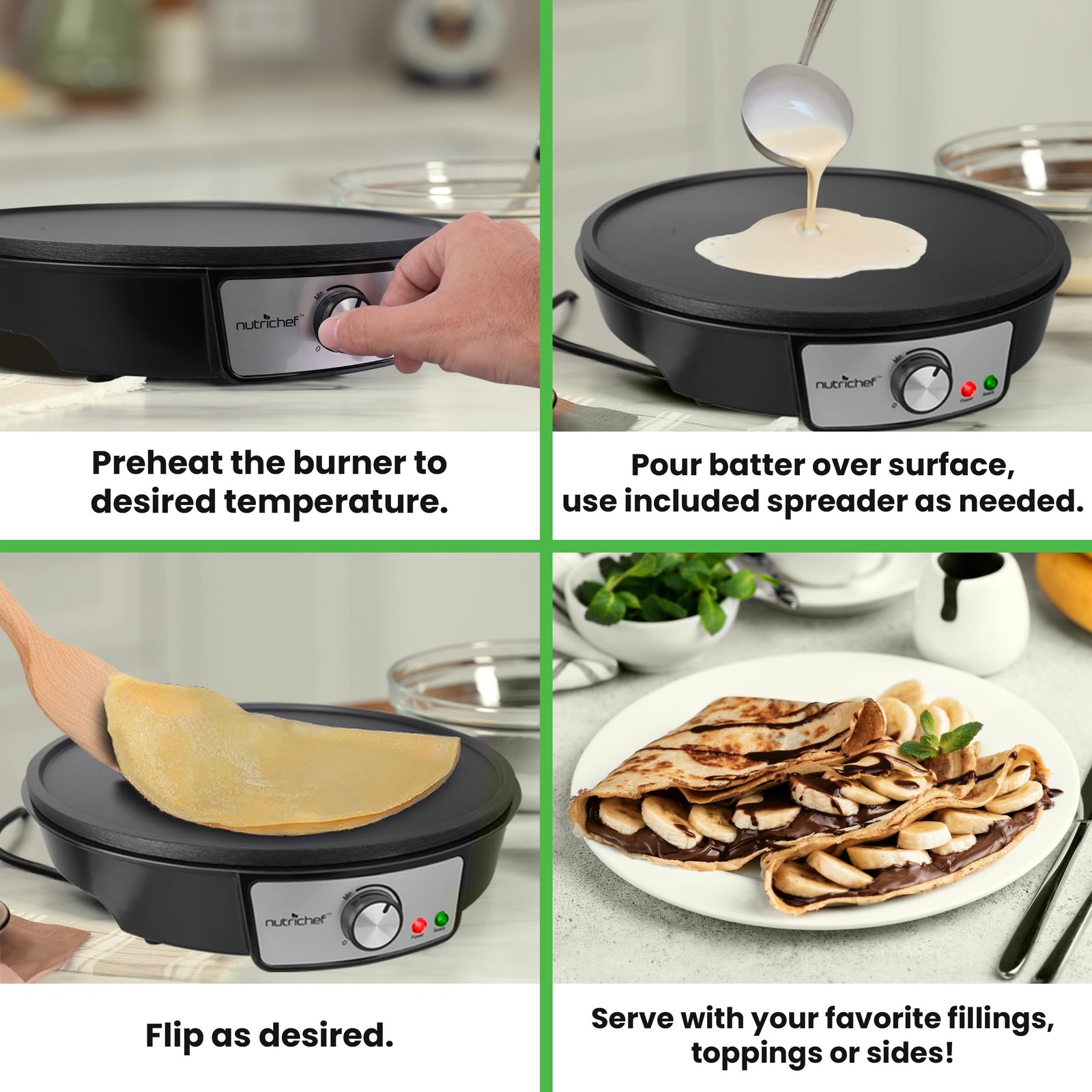 Nutrichef Electric Crepe Maker Pan & Griddle – 12 Inch Nonstick Cooktop, LED Ind