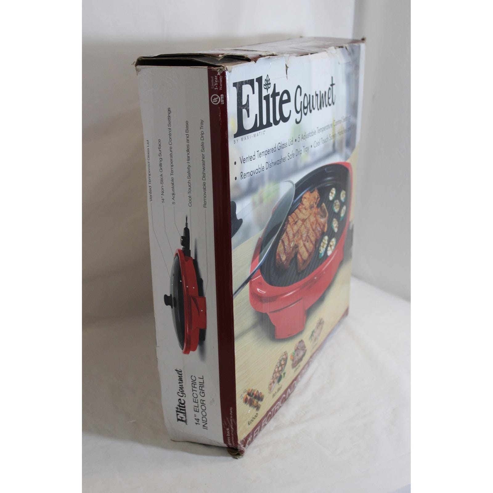 Elite Gourmet Red 14″ Electric Indoor Grill Glass Lid Non-Stick Model EMG-980R