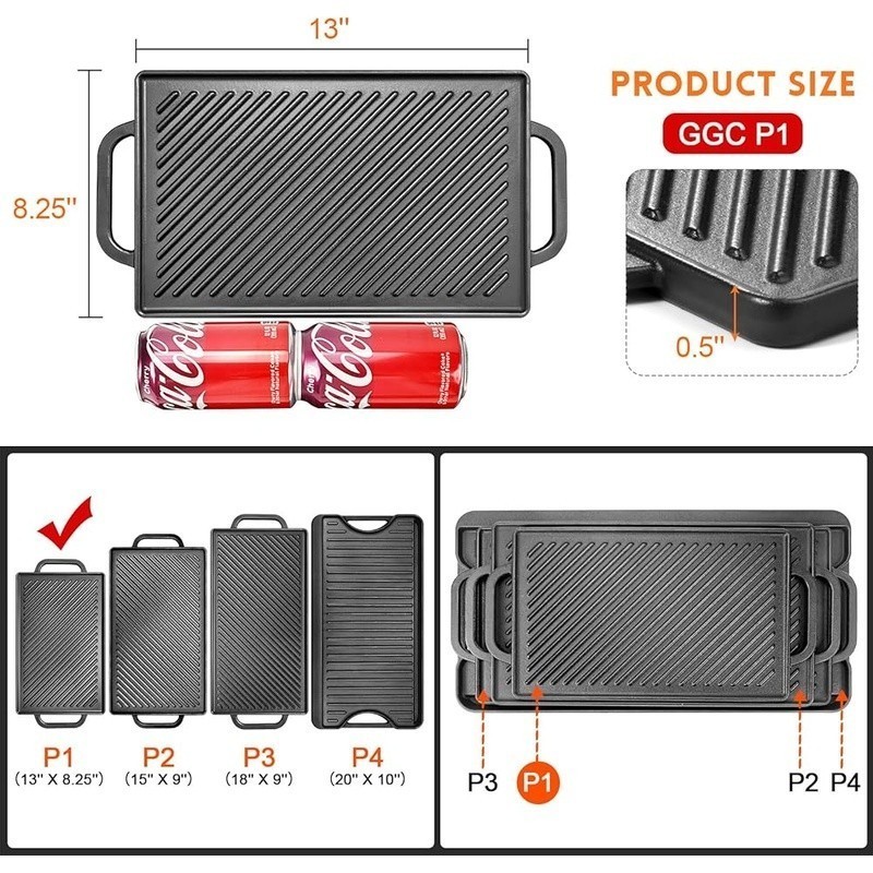 Reversible Cast Iron Grill Griddle Indoor Outdoor Cooking Pan Heavy Duty New