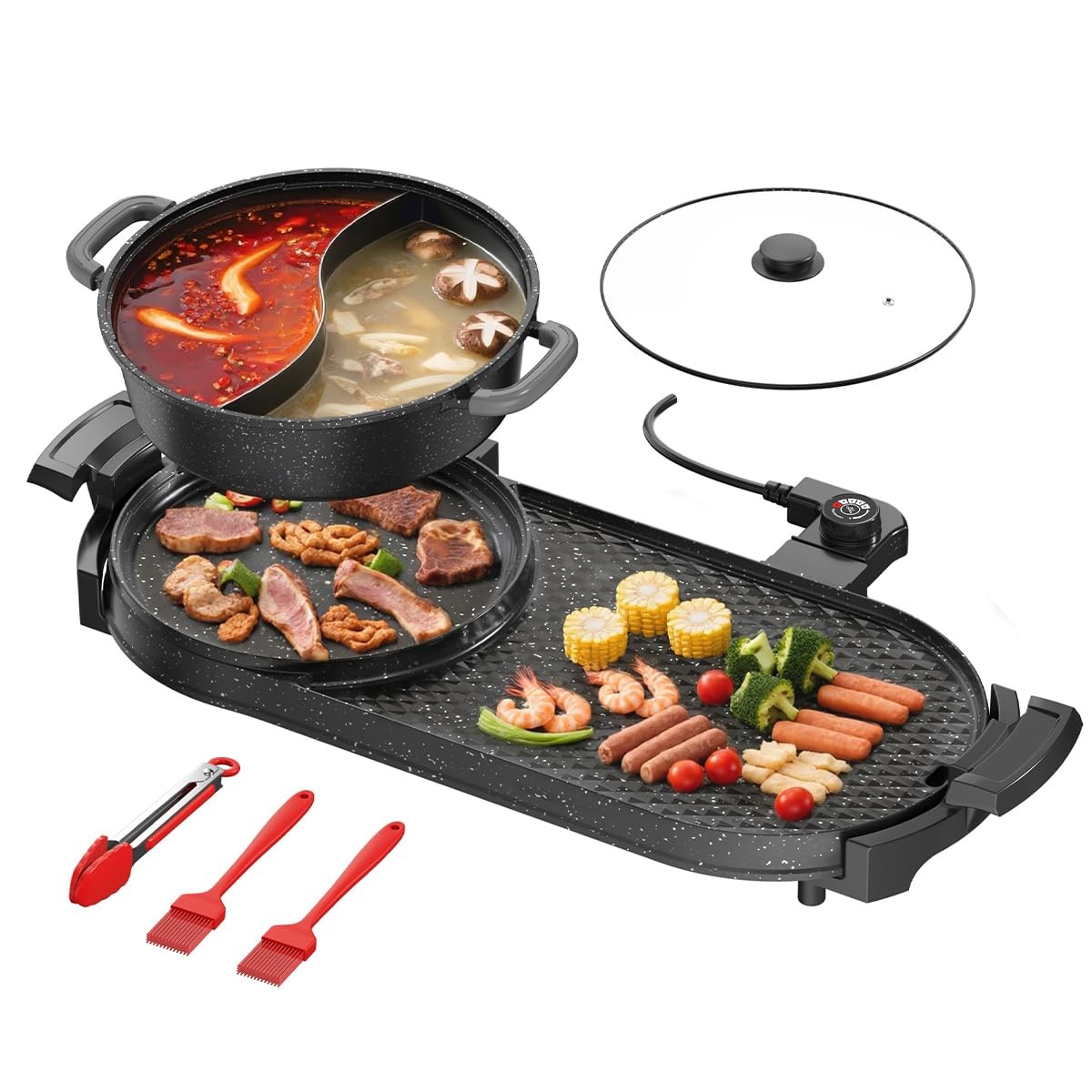 AORAN Electric Grill and Hot Pot Combo for Indoor Cooking, 2200W Detachable D…