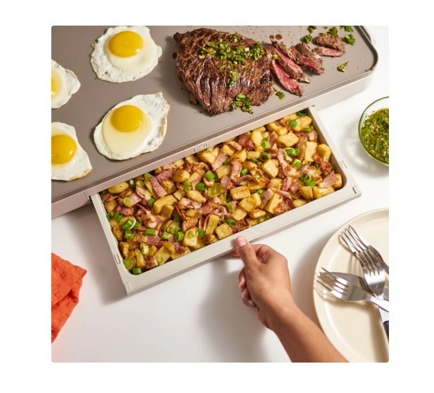 Bella 12″ x 22″ XL Griddle with Warming Tray, Oatmilk color Open Box