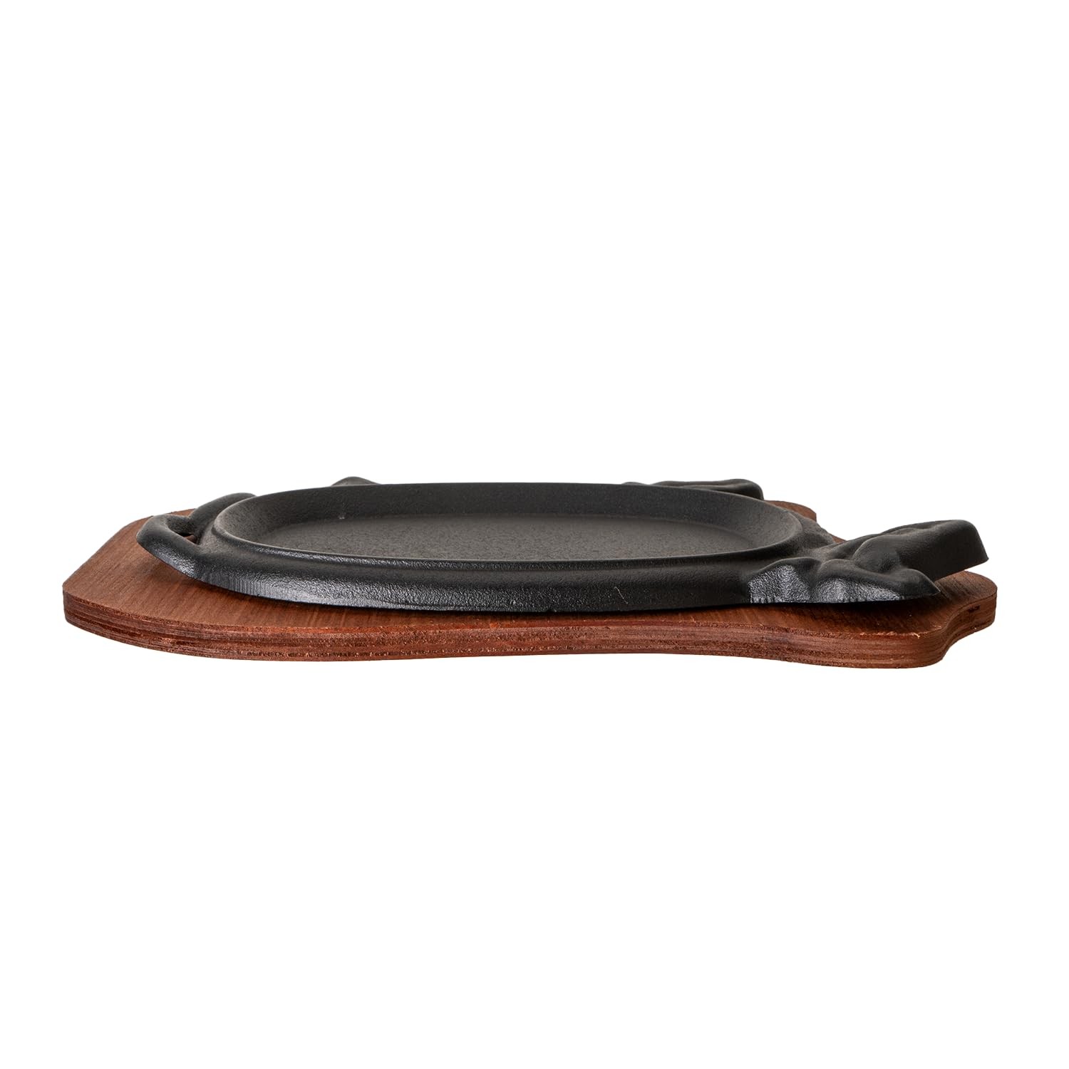 Cast Iron Steak Plate, Sizzle Griddle, Wooden Base, Cow Shaped, 10 inch, Fajita