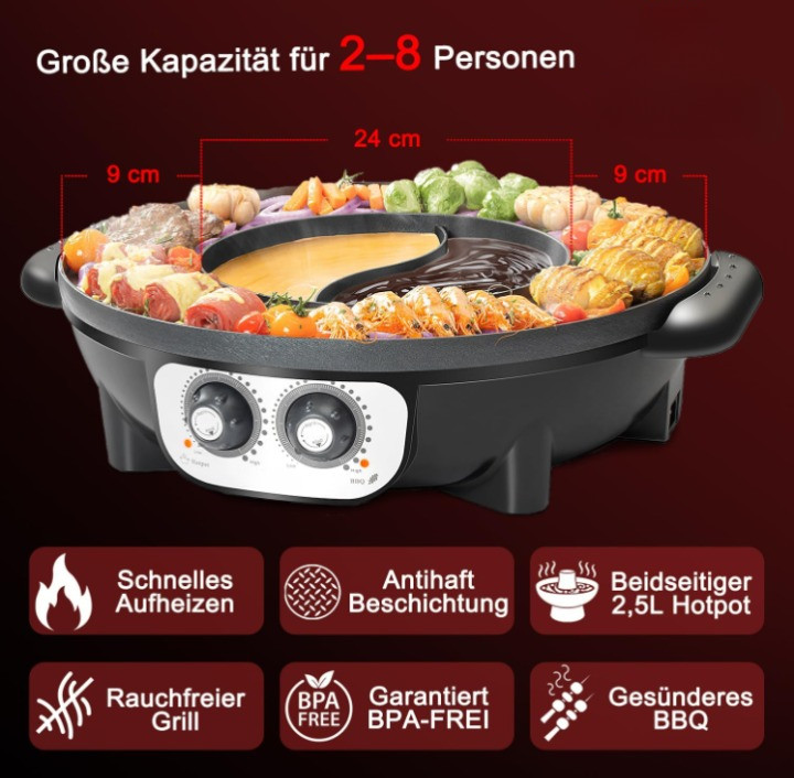 Parrilla eléctrica 2 en 1 con hot pot sin humo 1700W BBQ coreana 110V, Nuevo