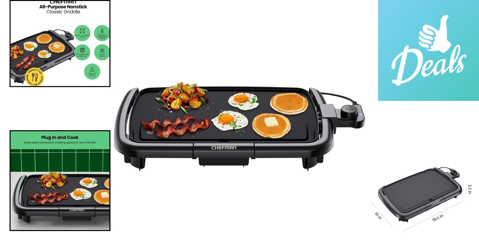 12-in-1 Electric Griddle – Removable Temperature Control, 10 x 16 Inch Nonstick