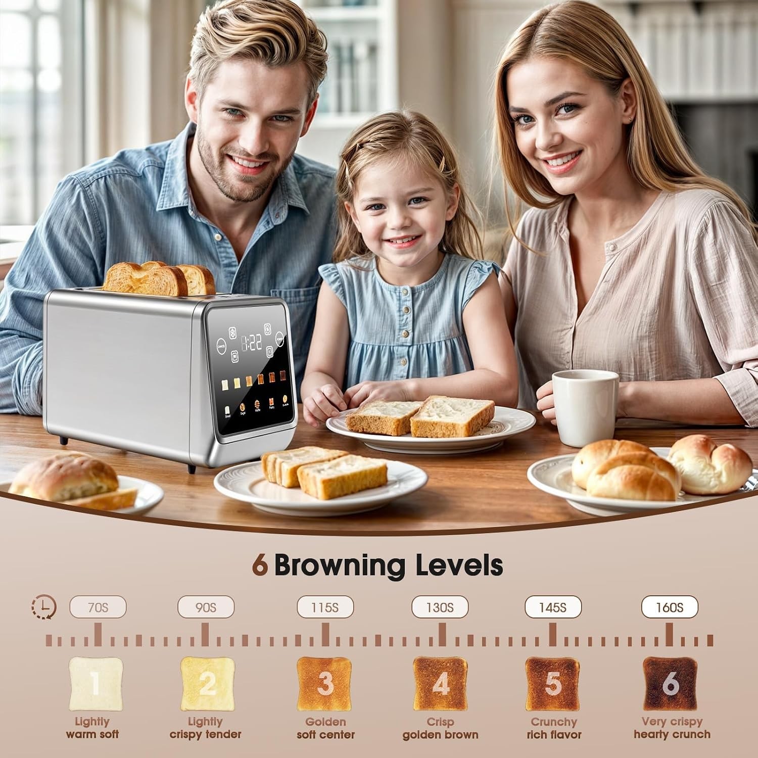 Touch Screen Toaster 2 Slice, Stainless Steel 2 Slots 2 Silver-Black