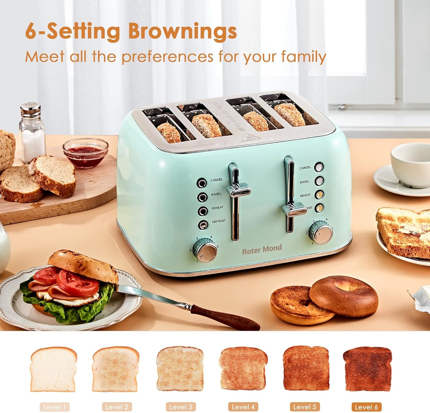 Roter Mond Toaster 4 Slice Retro Stainless Steel with Extra Wide Mint Green