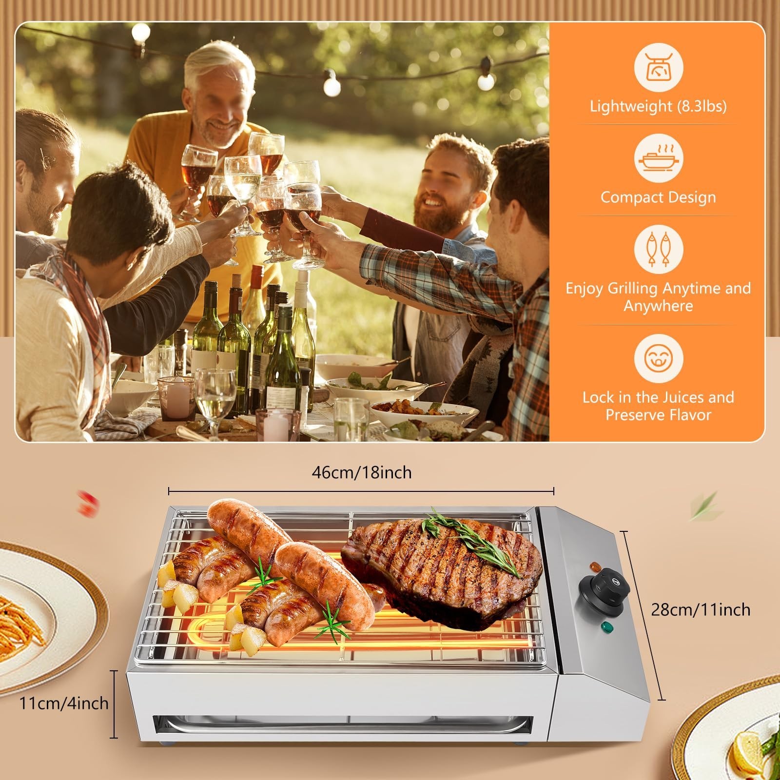 1800W Smokeless Electric BBQ Grill – Stainless Steel Griddle for Indoor/Outdoor
