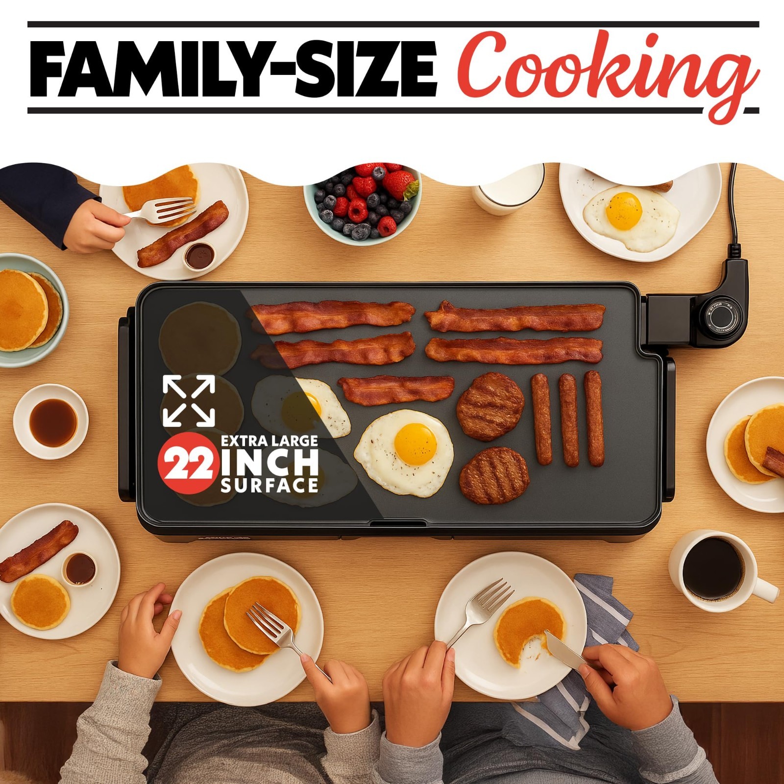 Extra Large 22″ Electric Griddle Pan – Nonstick Flat Top, Adjustable Temp 200°F-