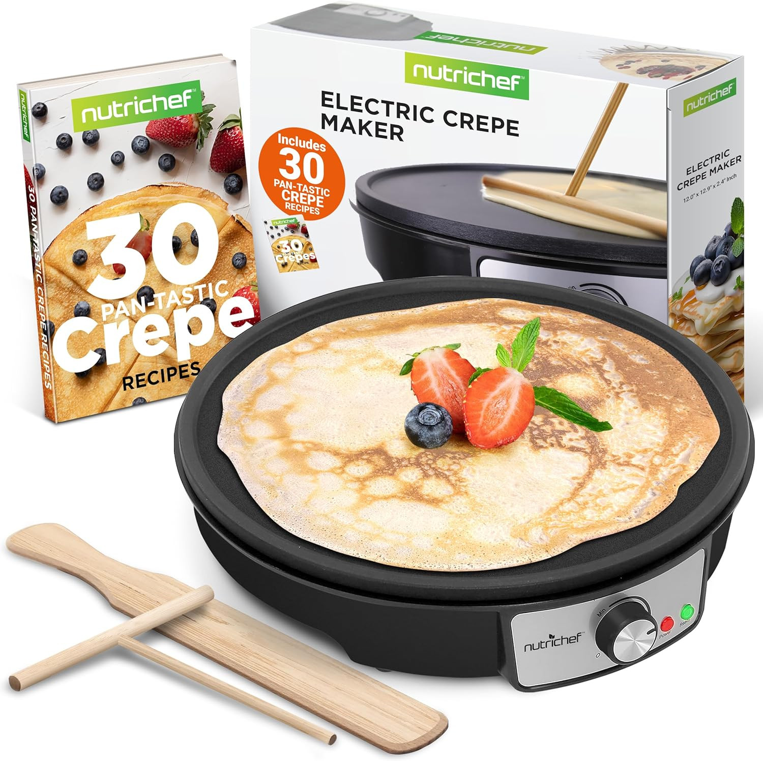 Electric Crepe Maker Pan & Griddle | 12 Inch Nonstick Cooktop | LED Indicators &