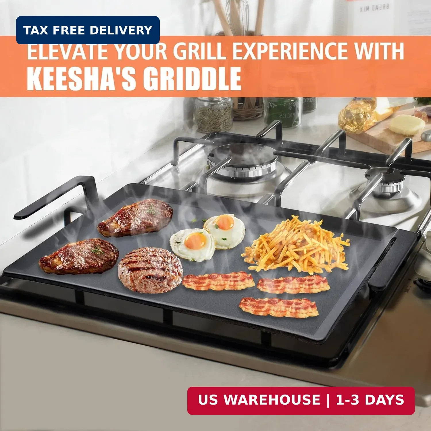 24” Carbon Steel Griddle, Professional Pre-seasoned Cookware for Double Burner