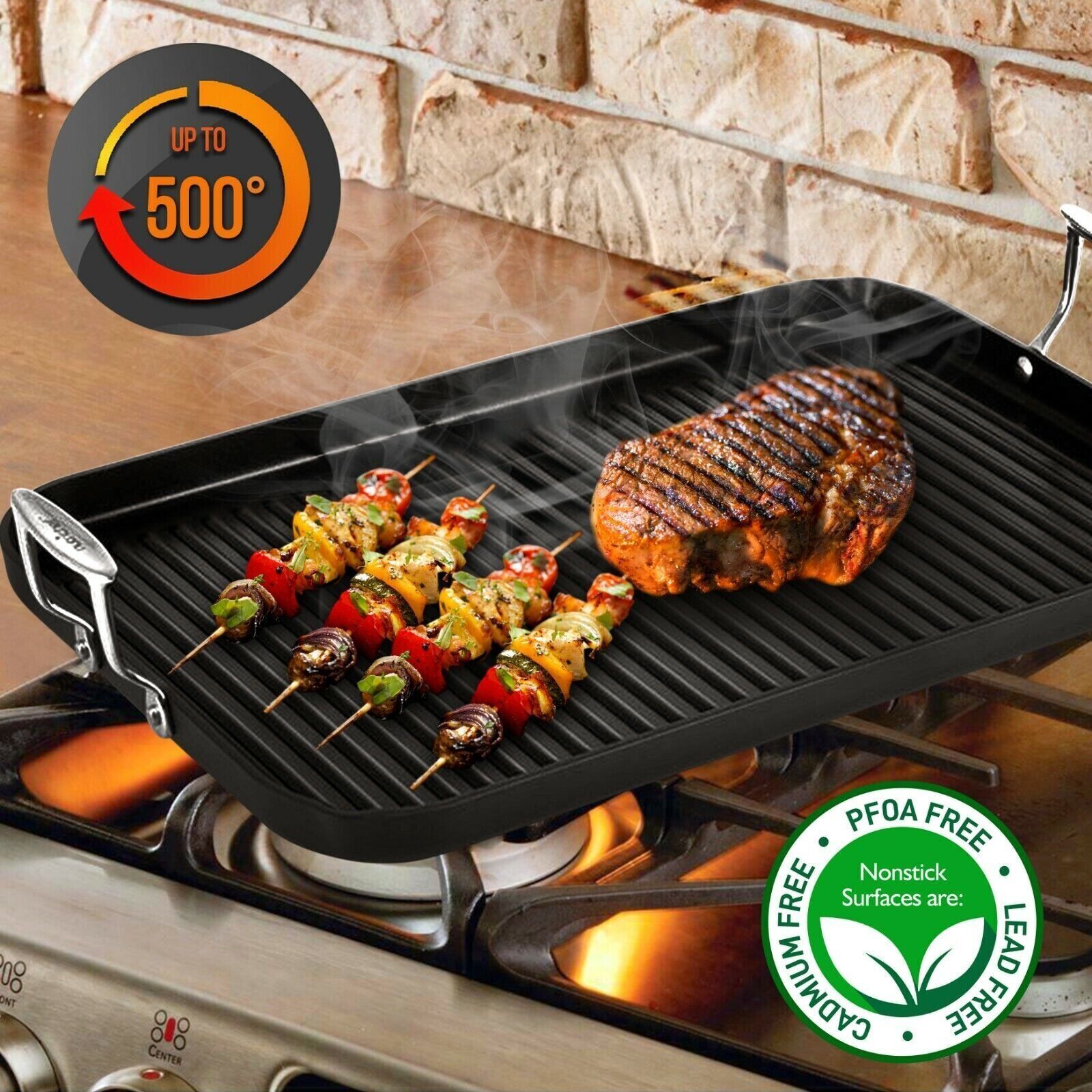 NutriChef Nonstick Grill & Griddle – Dishwasher Safe Double Burner, 20’’ x 13’’