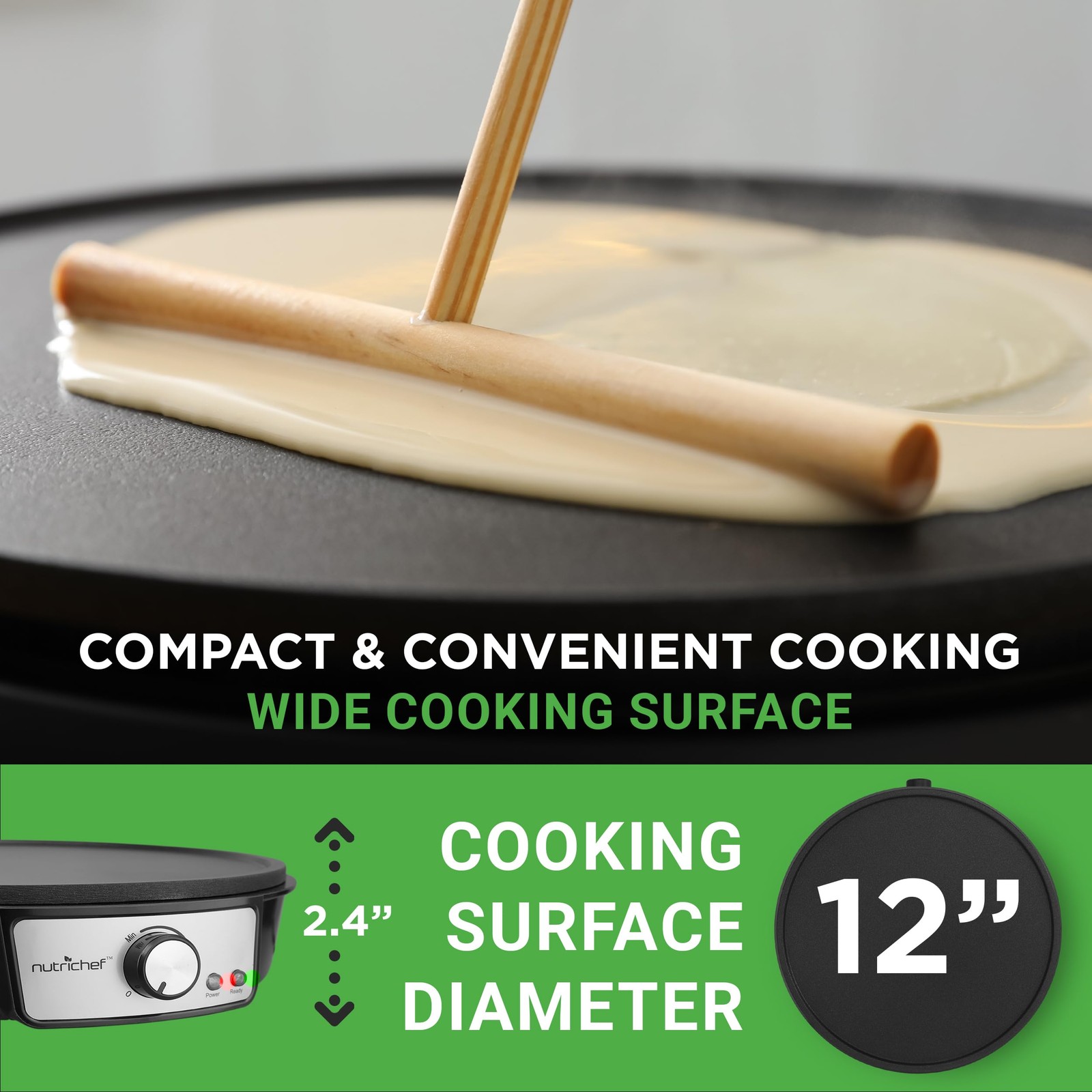 Nutrichef Electric Crepe Maker Pan & Griddle – 12 Inch Nonstick Cooktop, LED Ind