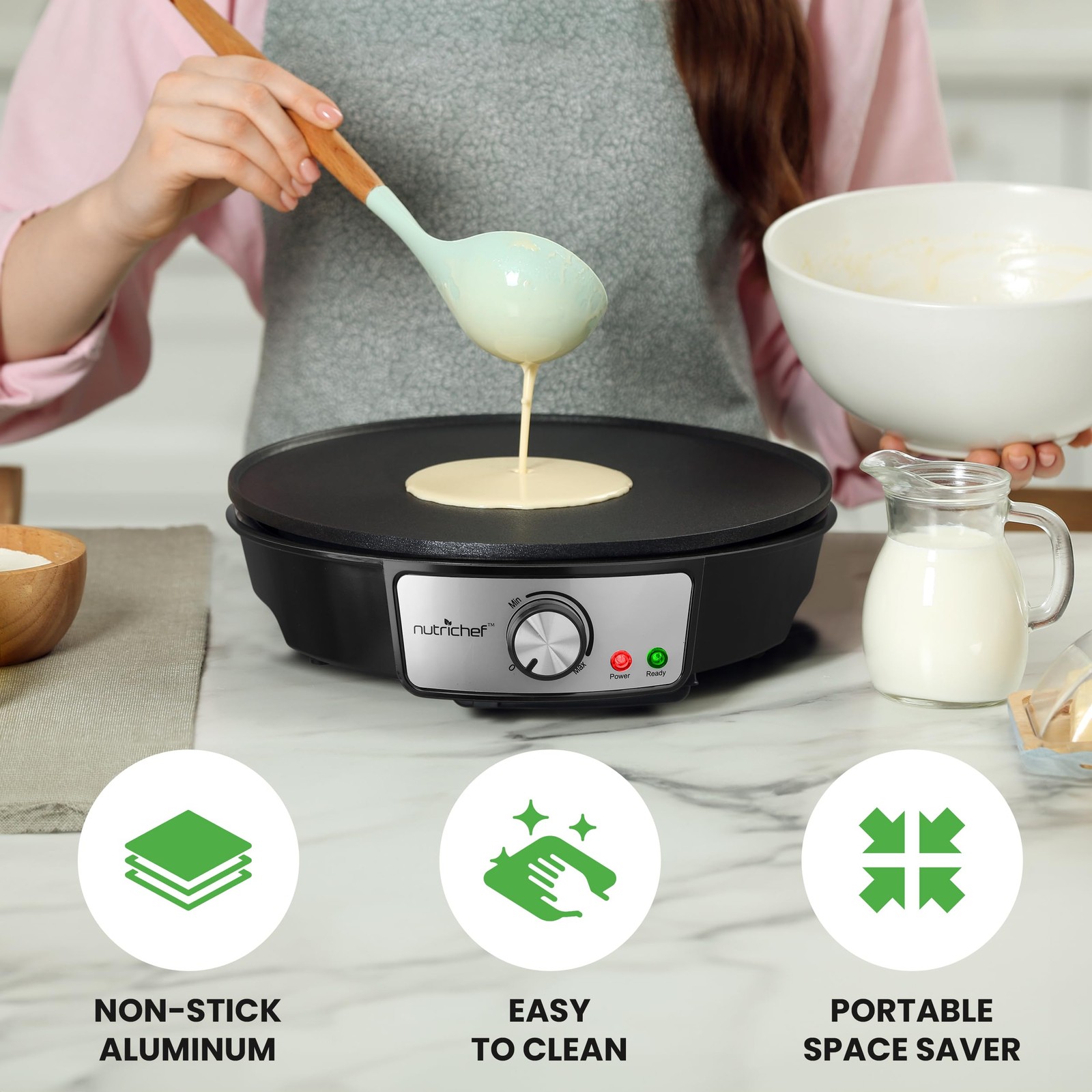 Nutrichef Electric Crepe Maker Pan & Griddle – 12 Inch Nonstick Cooktop, LED Ind