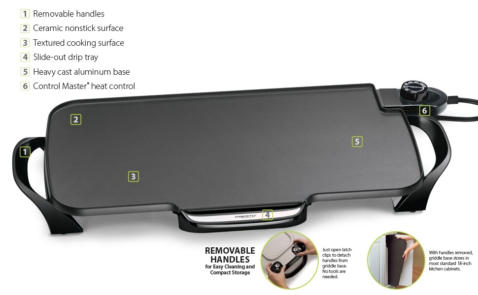 Presto 07061 22 inch Electric Grill Griddle With Removable Handles Black