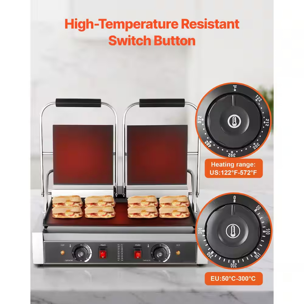 3,600 W Commercial Panini Grill, Electric Sandwich Maker, Stainless Steel Double