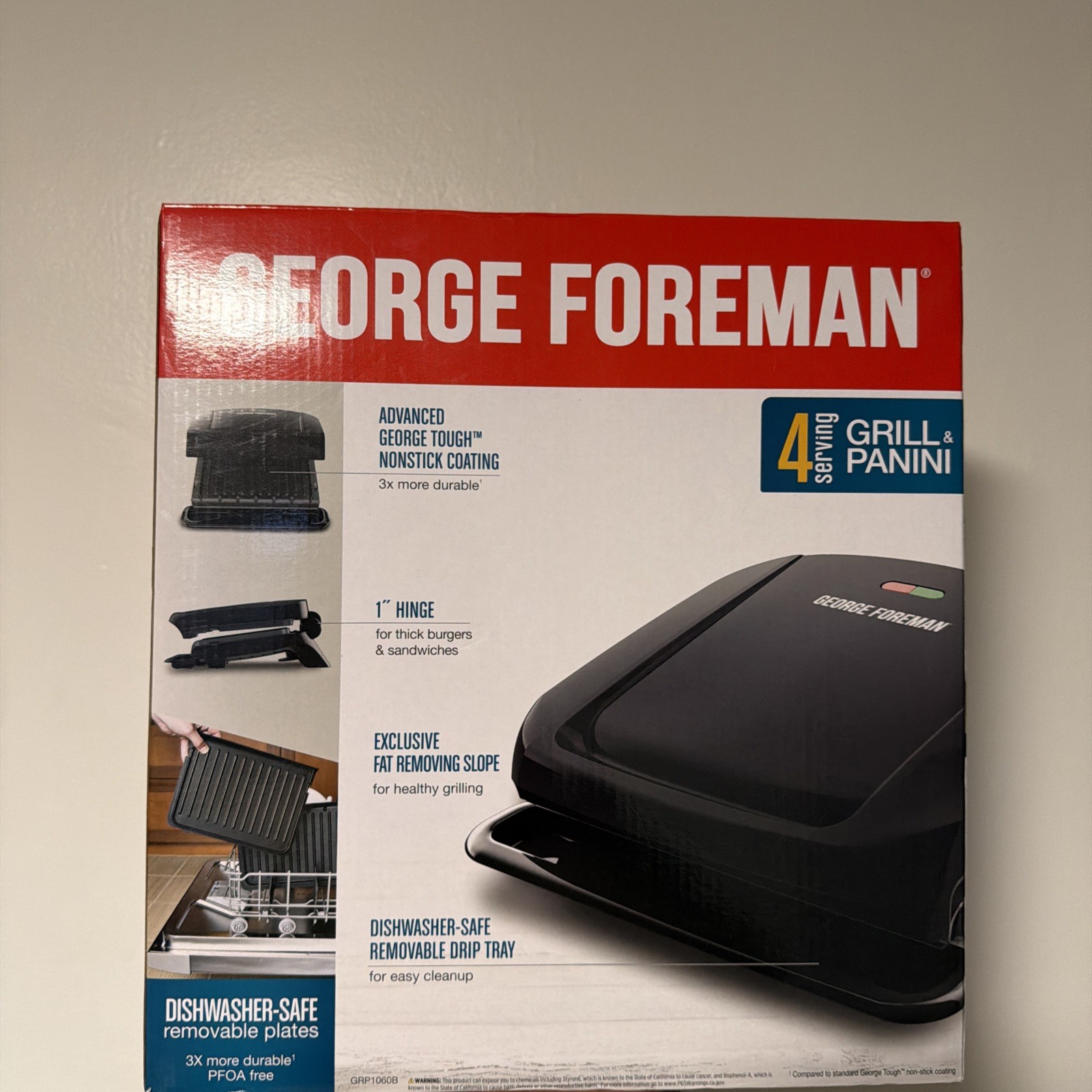 GEORGE FOREMAN GRILL & Panini 4 Serving 60sq In , MODEL GRP1060B, NEW IN BOX!