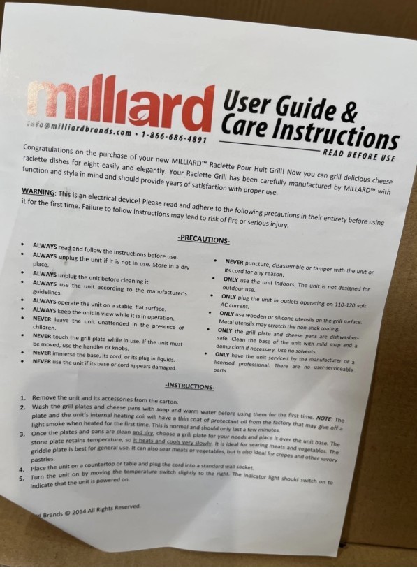 MILLARD NIB 8 Servings Raclette Grill 2 Cooktops-Grill & Granite Stone