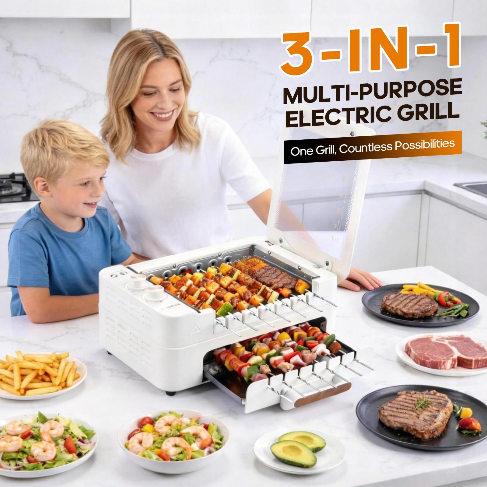 3-IN-1 Skewer Electric Indoor Grill – 1000W Electric Grill with 360° Auto-Rot…