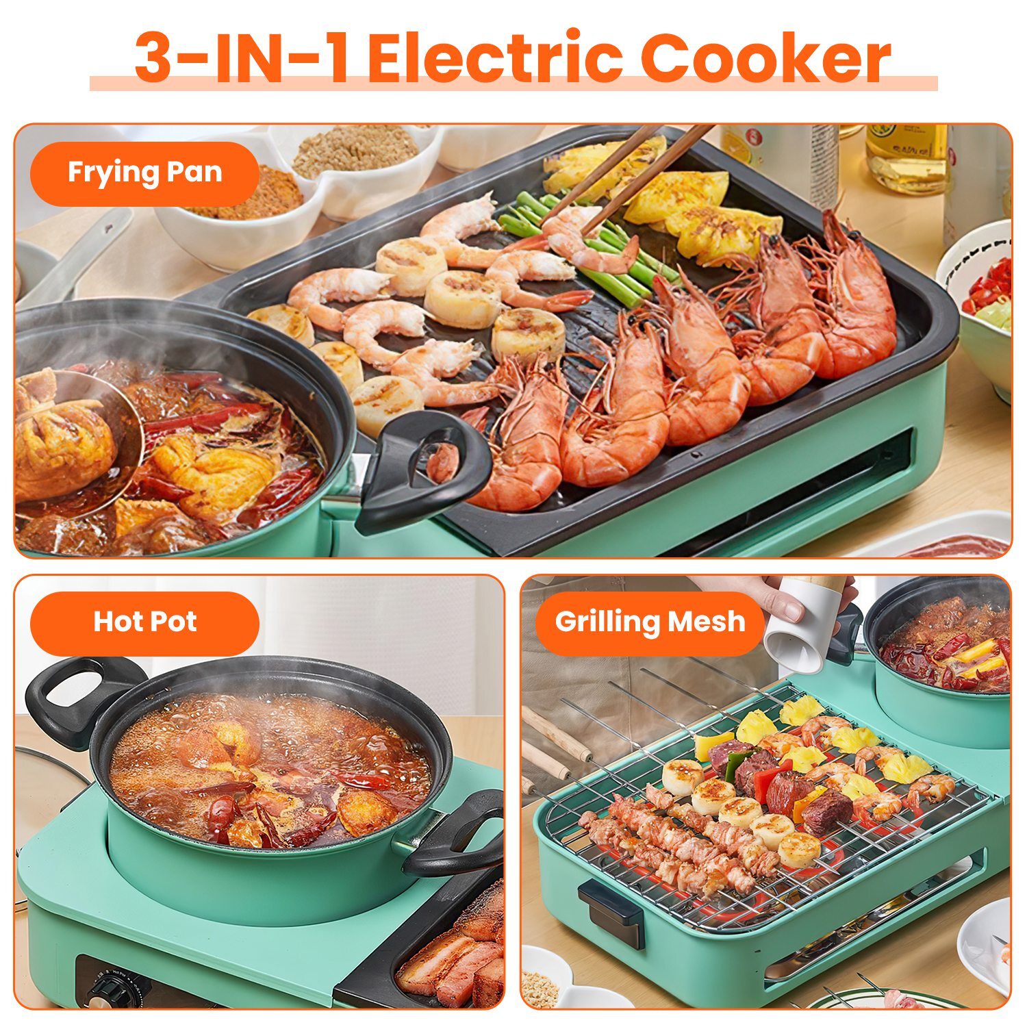 3 in 1 Electric Hot Pot with Grill 1600W Smokeless Non-Stick Korean BBQ Grill