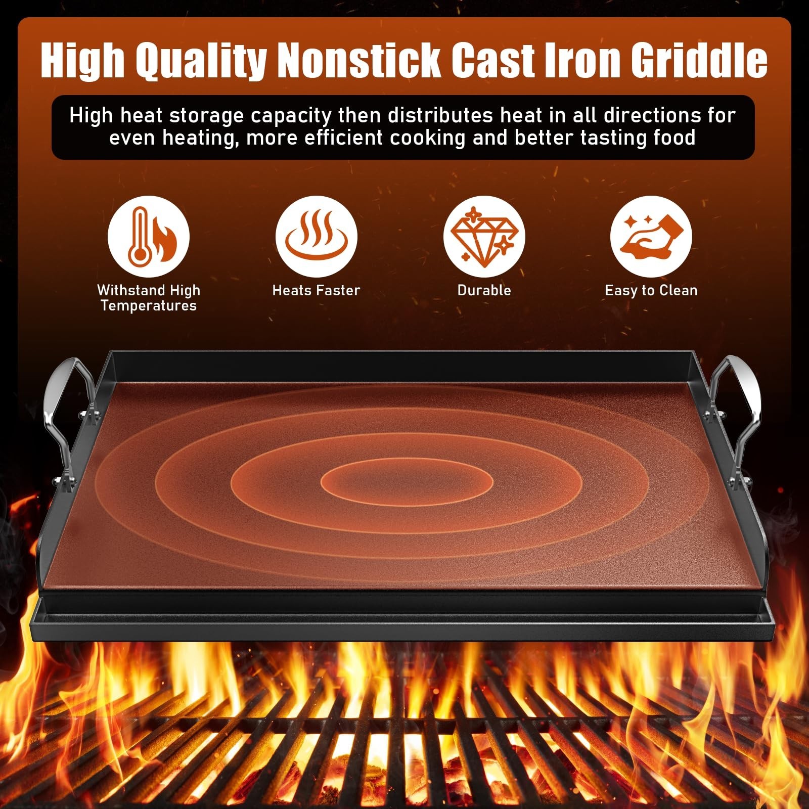 Nonstick Griddle for Gas Grill, Cast Iron Griddle for Outdoor Gas