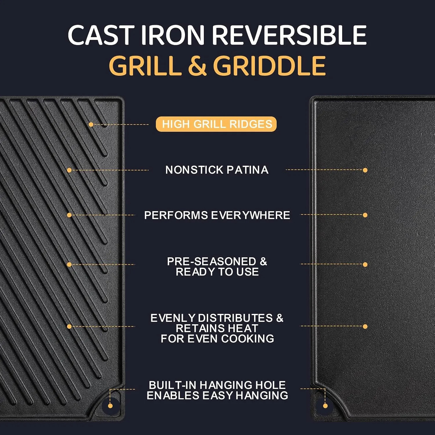 Reversible Cast Iron Grill Griddle 16.7×9.5 Inch Double Burner Stovetop Cookware