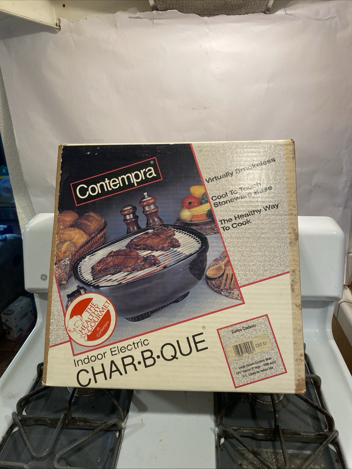 VTG NOS CONTEMPRA Indoor Electric Char-B-Que Barbecue w/Enameled Grill Top N Box