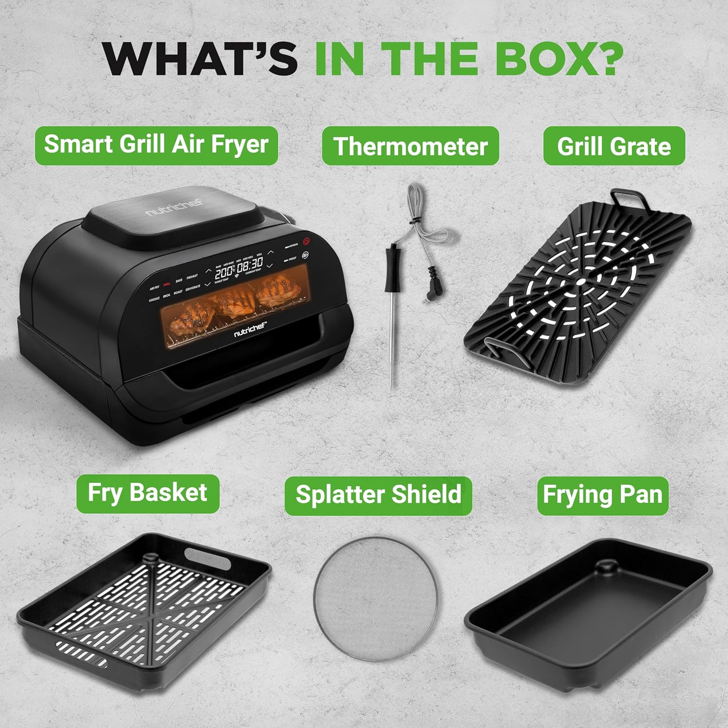 Nutrichef Indoor Smokeless Grill | Smart Grill & Air Fryer with 7 Cooking Functi
