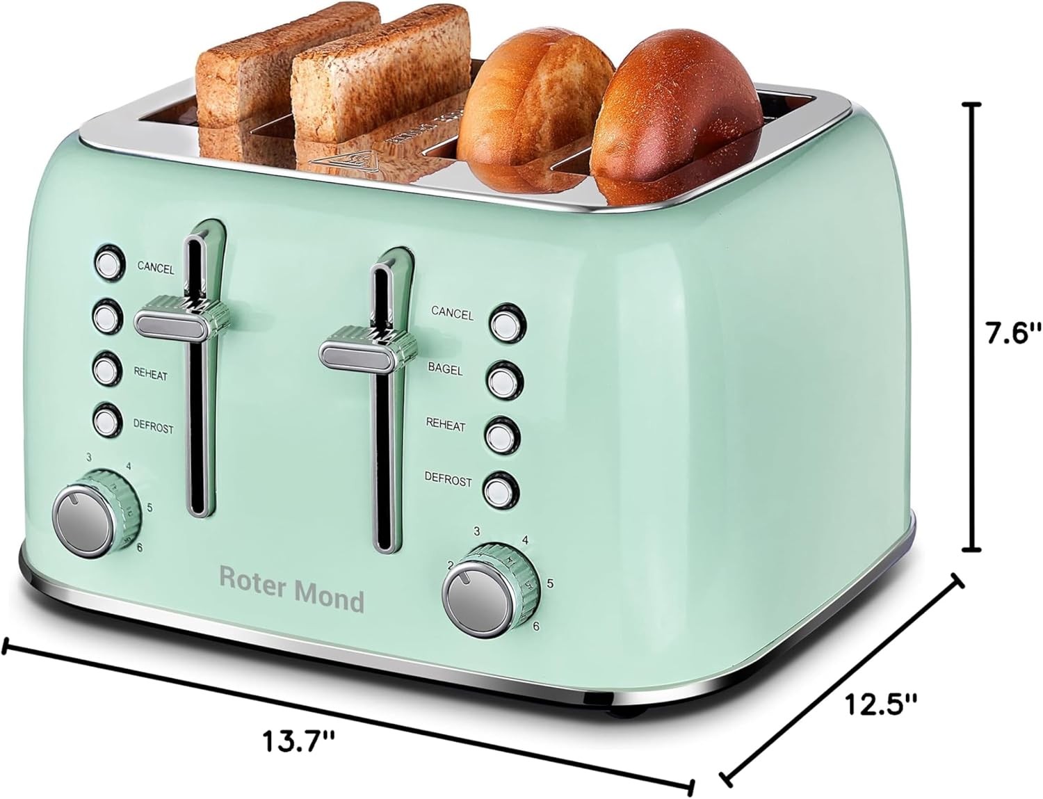 Roter Mond Toaster 4 Slice Retro Stainless Steel with Extra Wide Mint Green