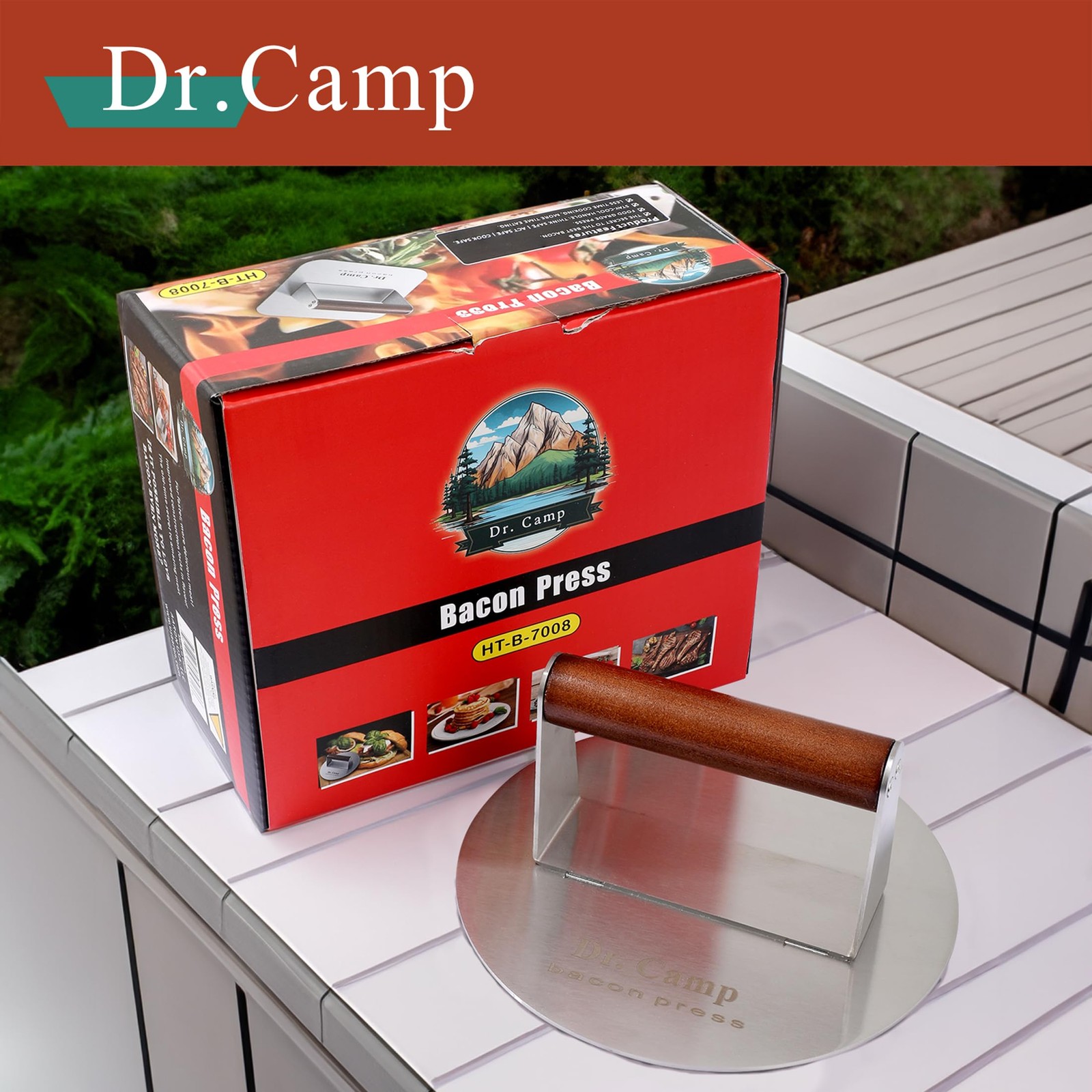 Dr.Camp 7 Inch Stainless Steel Smash Burger Press Smasher Bacon Silver
