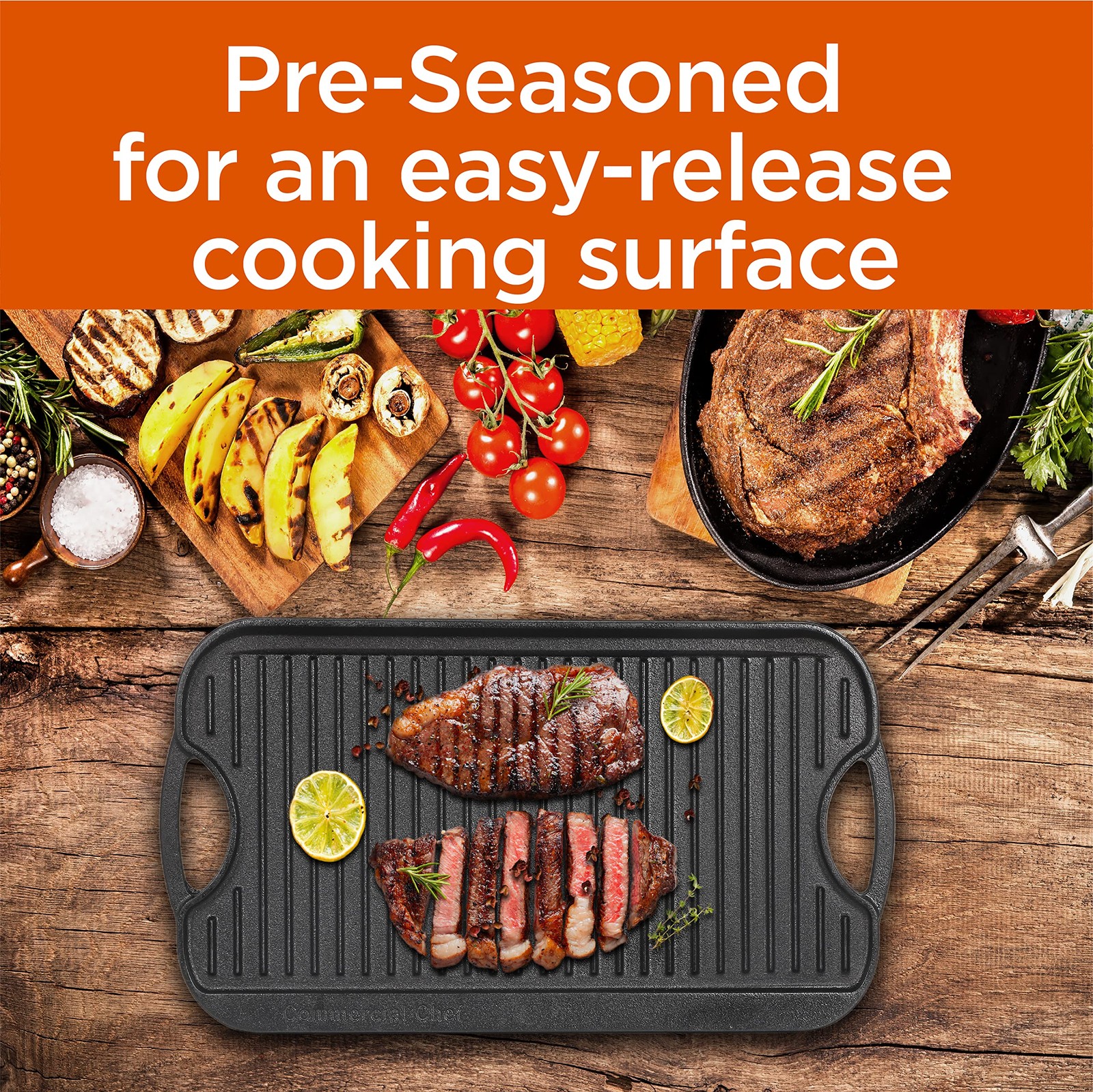 Commercial Chef Reversible Grill Top Griddle Cast Iron CHFLRGG5