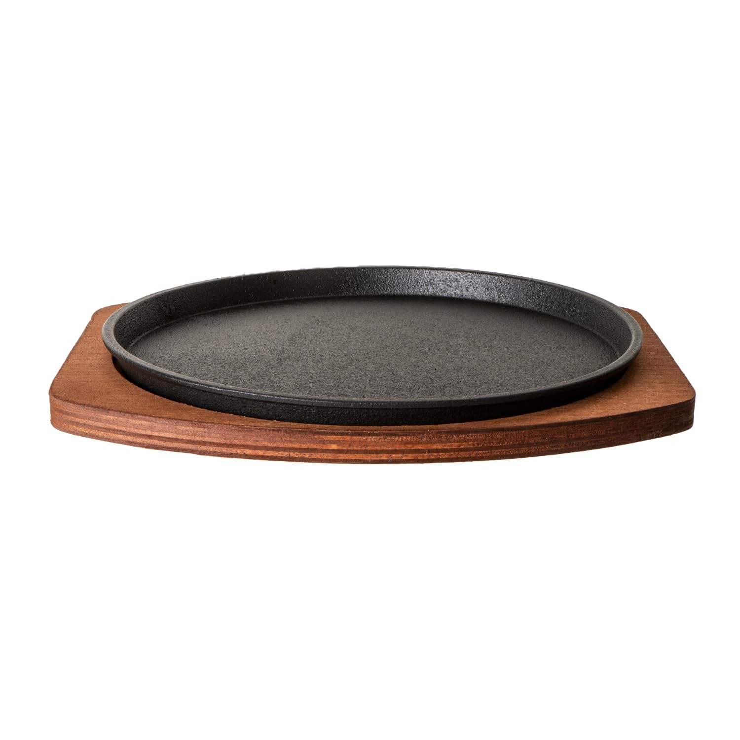 Cast Iron Steak Plate Sizzle Griddle Wooden Base Fajita Grill Round 8 Inch