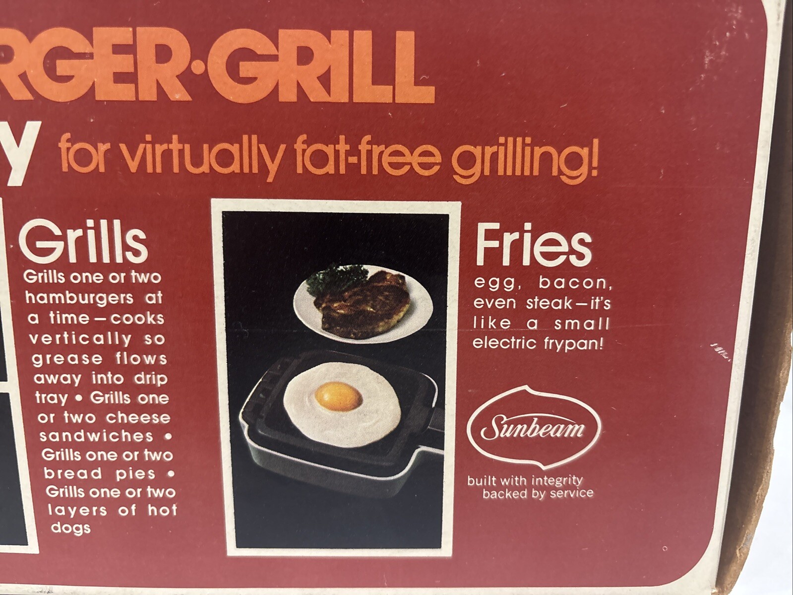 VINTAGE 1976 Sunbeam 1 or 2 Burger Grill NEW Cooks Vertically To Drain The Fat!