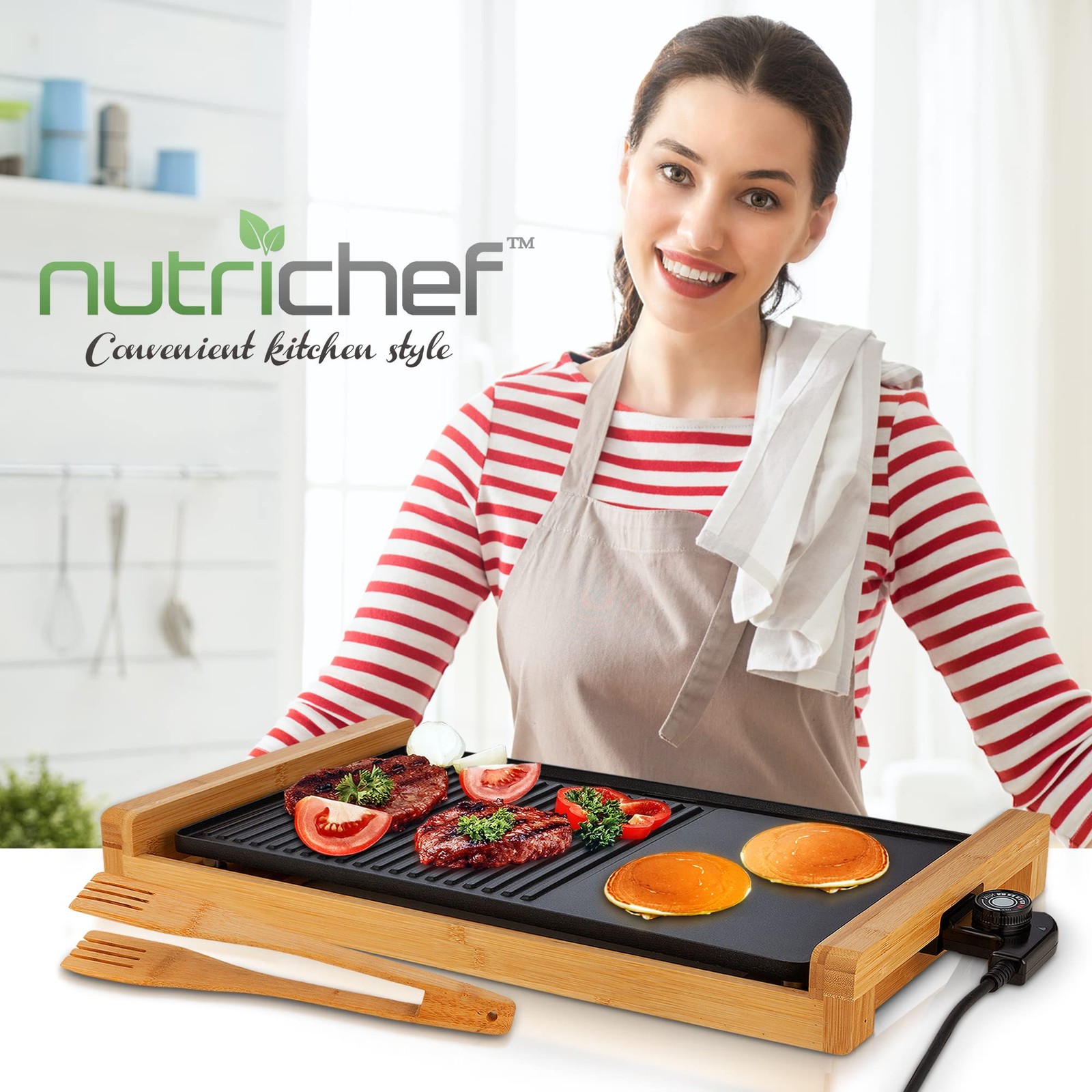 NutriChef 2 In 1 Grill & Griddle, Smokeless Nonstick, Wooden Thong, 250-460°F