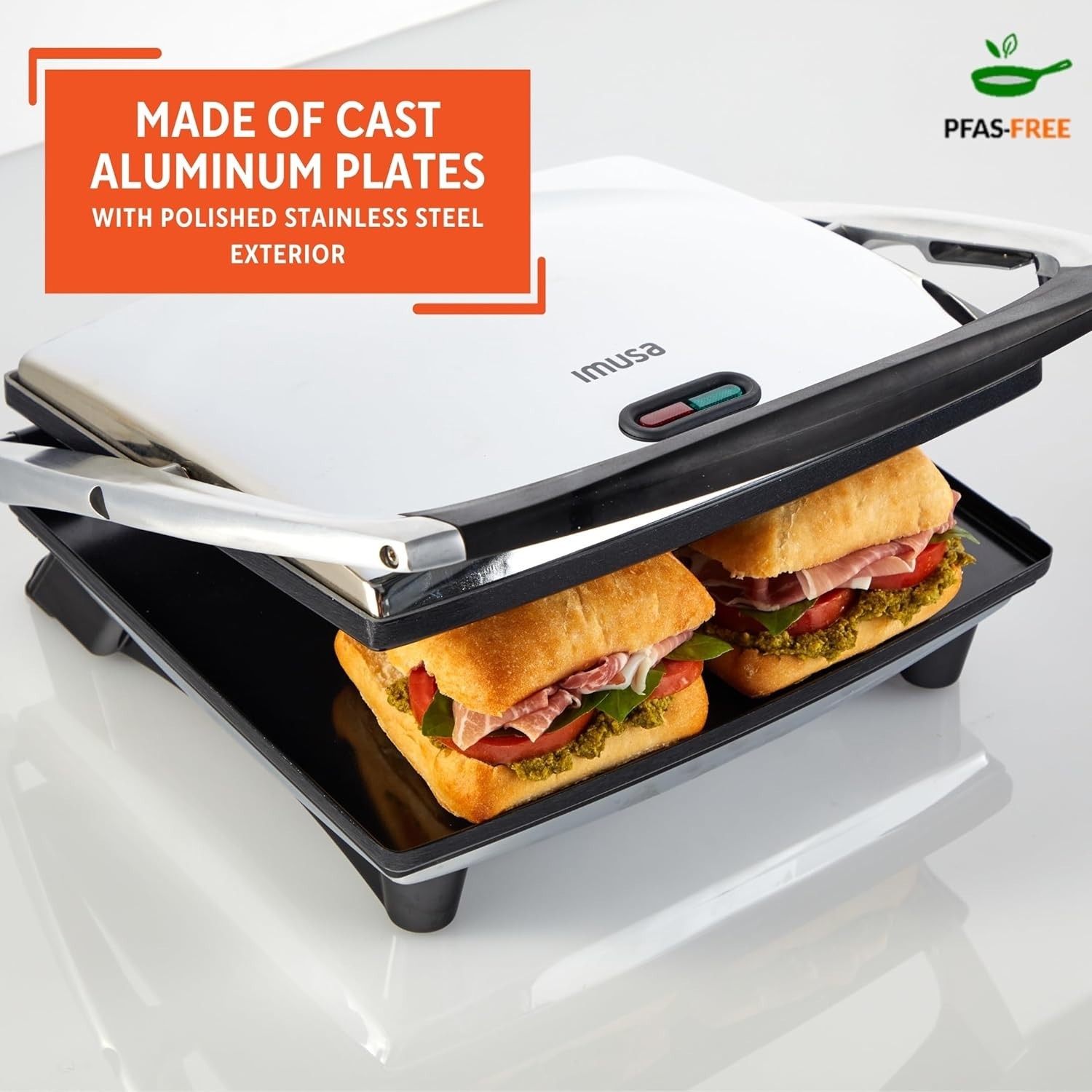 IMUSA PANINI PRESS SANDWICH MAKER Ceramic Nonstick Plates Stainless Steel 12×10″