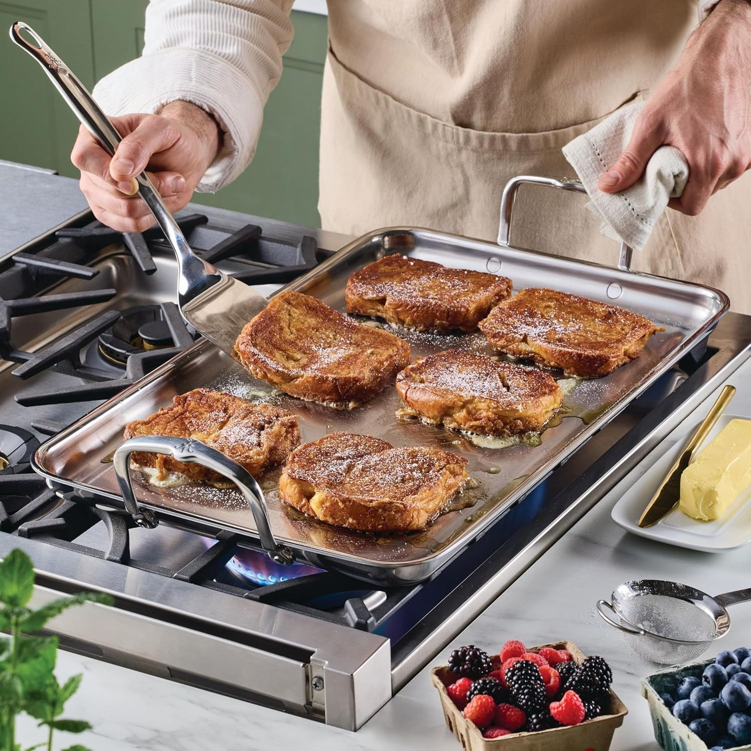 Provisions 21″ Tri-Ply Stainless Steel Double Burner Griddle with Drip Drain