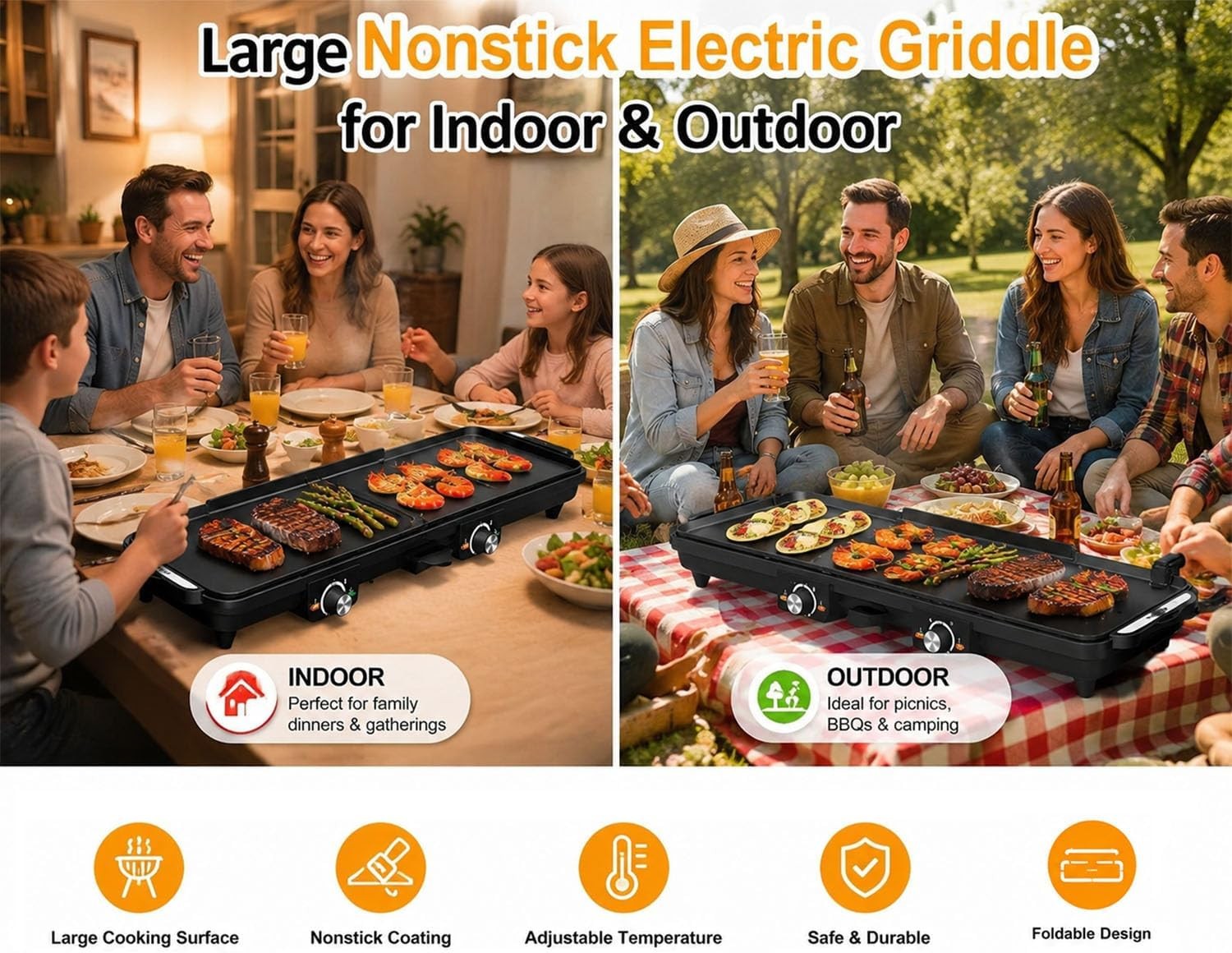 Sunvivi 38” Extra Large Electric Griddle – Foldable Grill Nonstick Plate | with