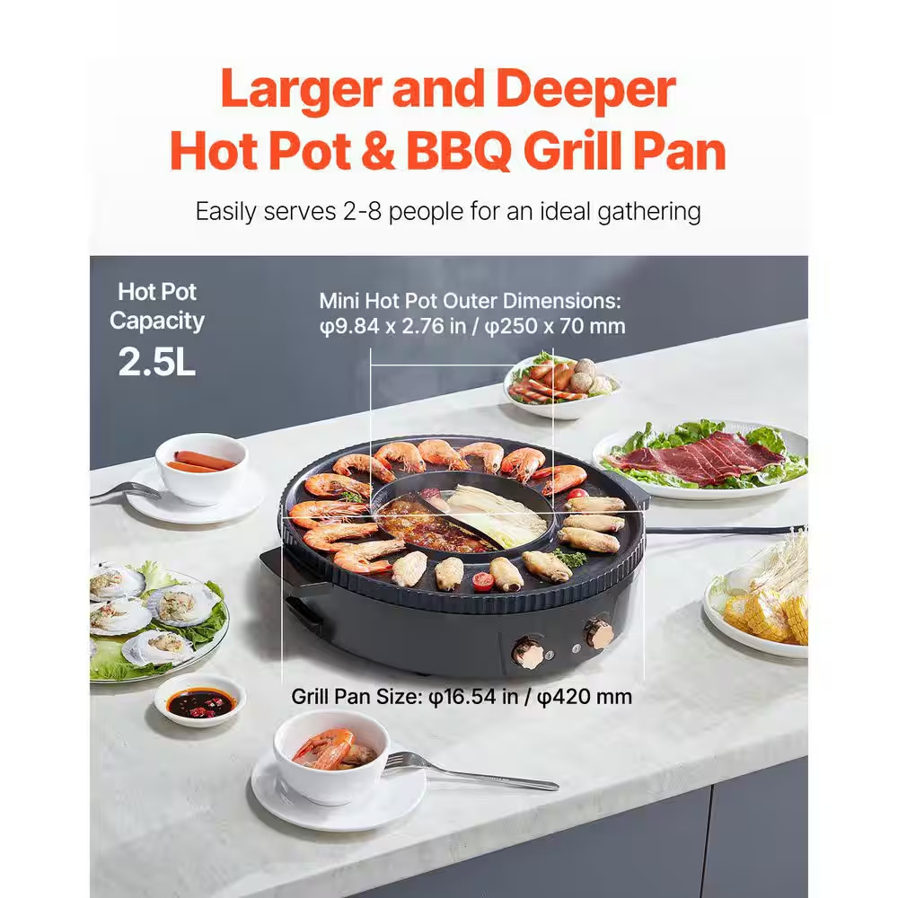 Hot Pot Grill 1800W 2-In-1 Electric Smokeless 258 Sq In. Separate Dual Temperatu