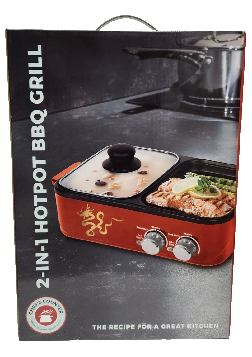 Chef’s Counter 2-in-1 Hotpot Electric BBQ Grill New In Box Model CC-1688-RD