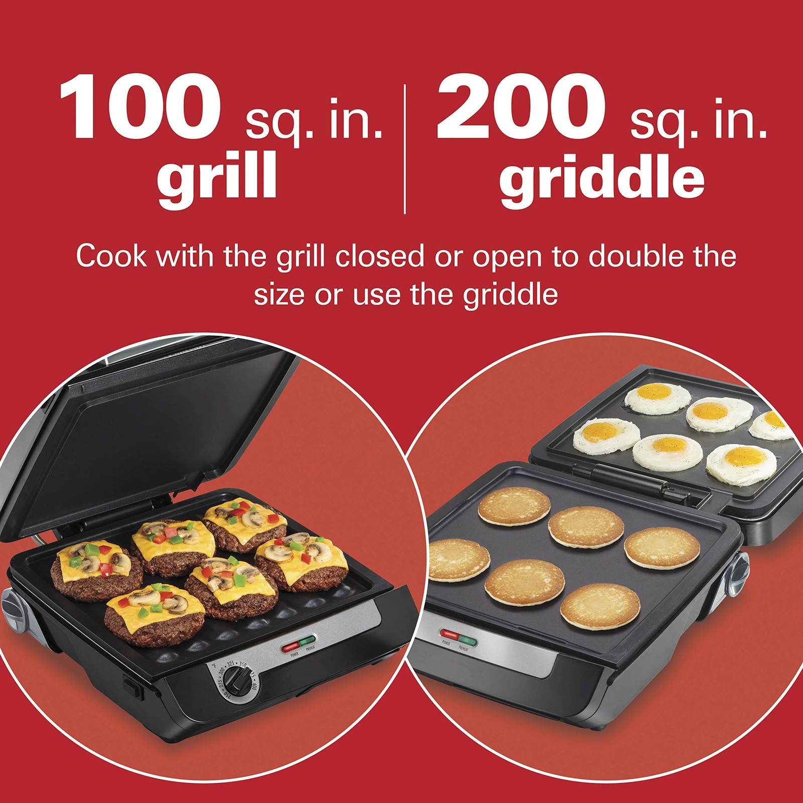 Hamilton Beach 4-in-1 Indoor Grill Electric Griddle Combo with Bacon Cooker,